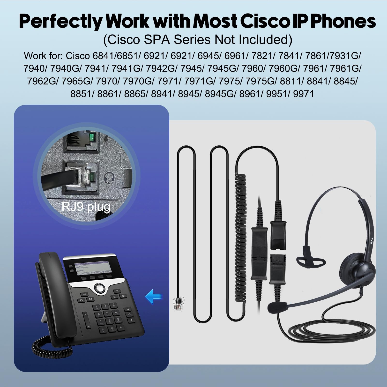 MKJ Wired Telephone Headset with Noise Cancelling Microphone - Compatible with Cisco CP-7821, 7861, 7942G, 7960G, 7975G, 7841, 8811, 8841, 8851, 8861, 8865 & 9951 - Ideal for Office Calls, Customer Service & Remote Work