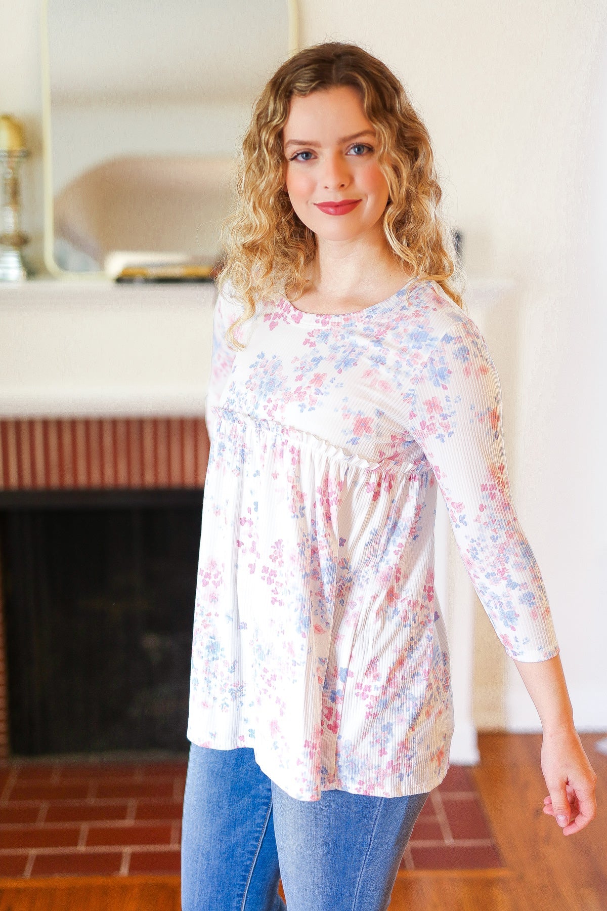 Stylish Blue & Pink Floral Ribbed Babydoll Ruffle Top for Women | Trendy Summer Blouse for Date Night & Beach Outfits
