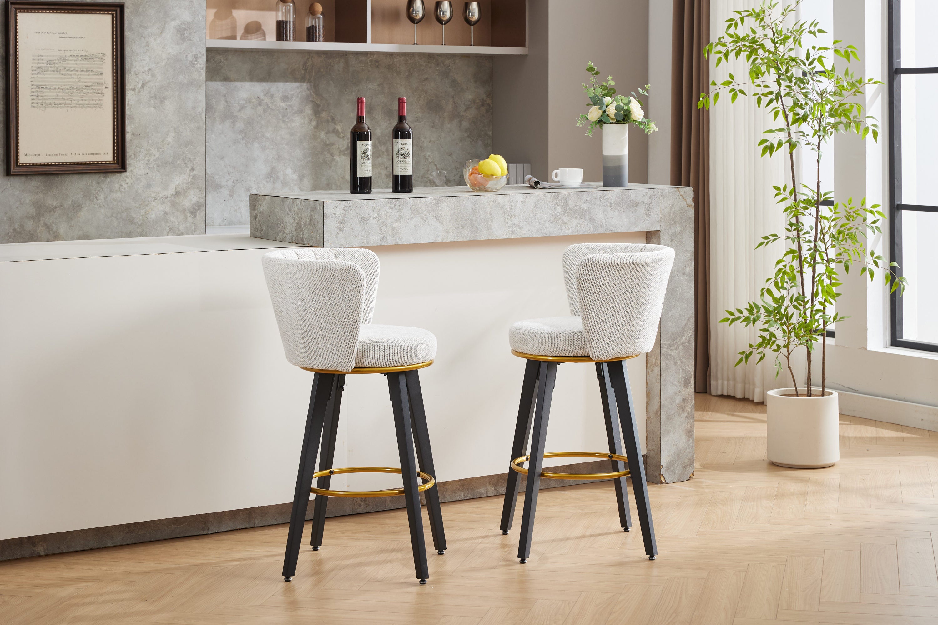 2-Pack Counter Height Bar Stools with 360° Swivel, Upholstered Back & Metal Legs - 26 Inch Seat Height, Velvet Fabric & Gold Footrest - Perfect for Kitchen Islands, Breakfast Bars & Home Decor