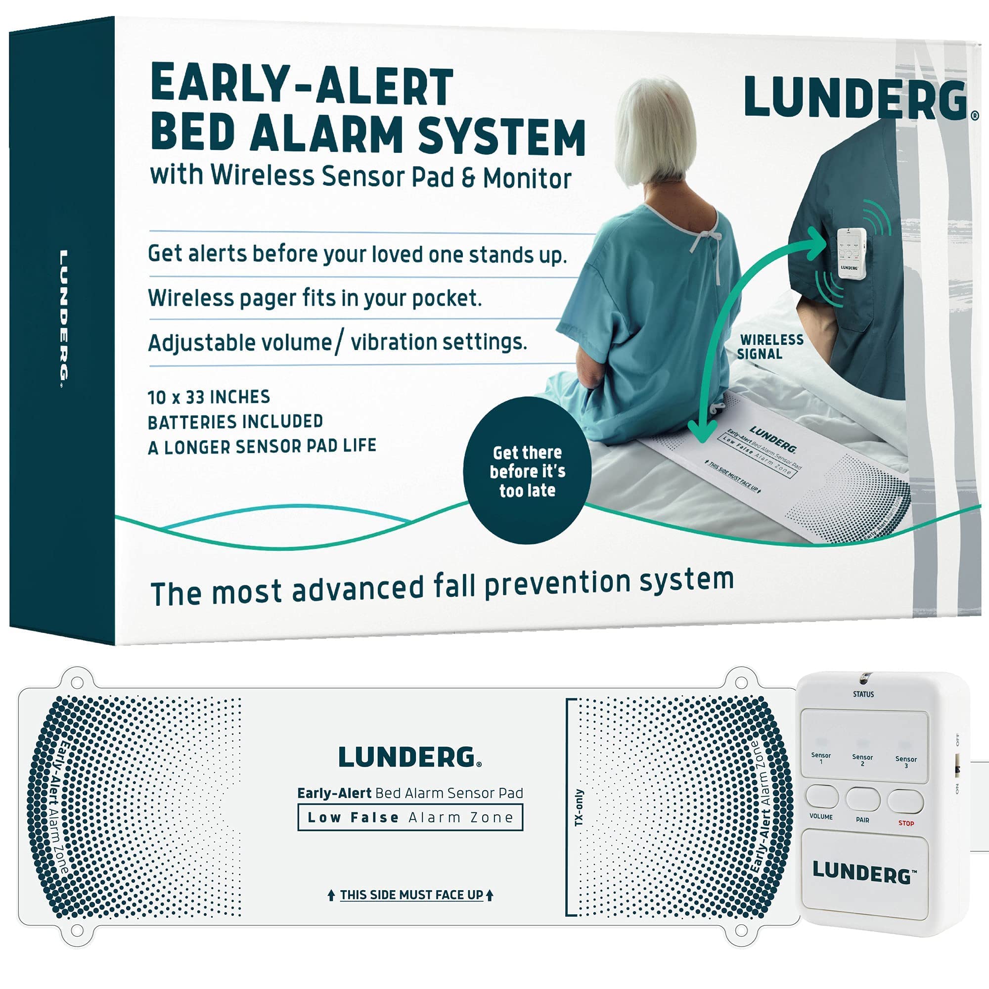 Lunderg Wireless Bed Alarm for Elderly - Fall Prevention Sensor Pad with Smart Pre-Alert Technology - Safety Alarm System for Seniors & Dementia Patients - Ideal for Home Care, Nursing Homes & Hospitals