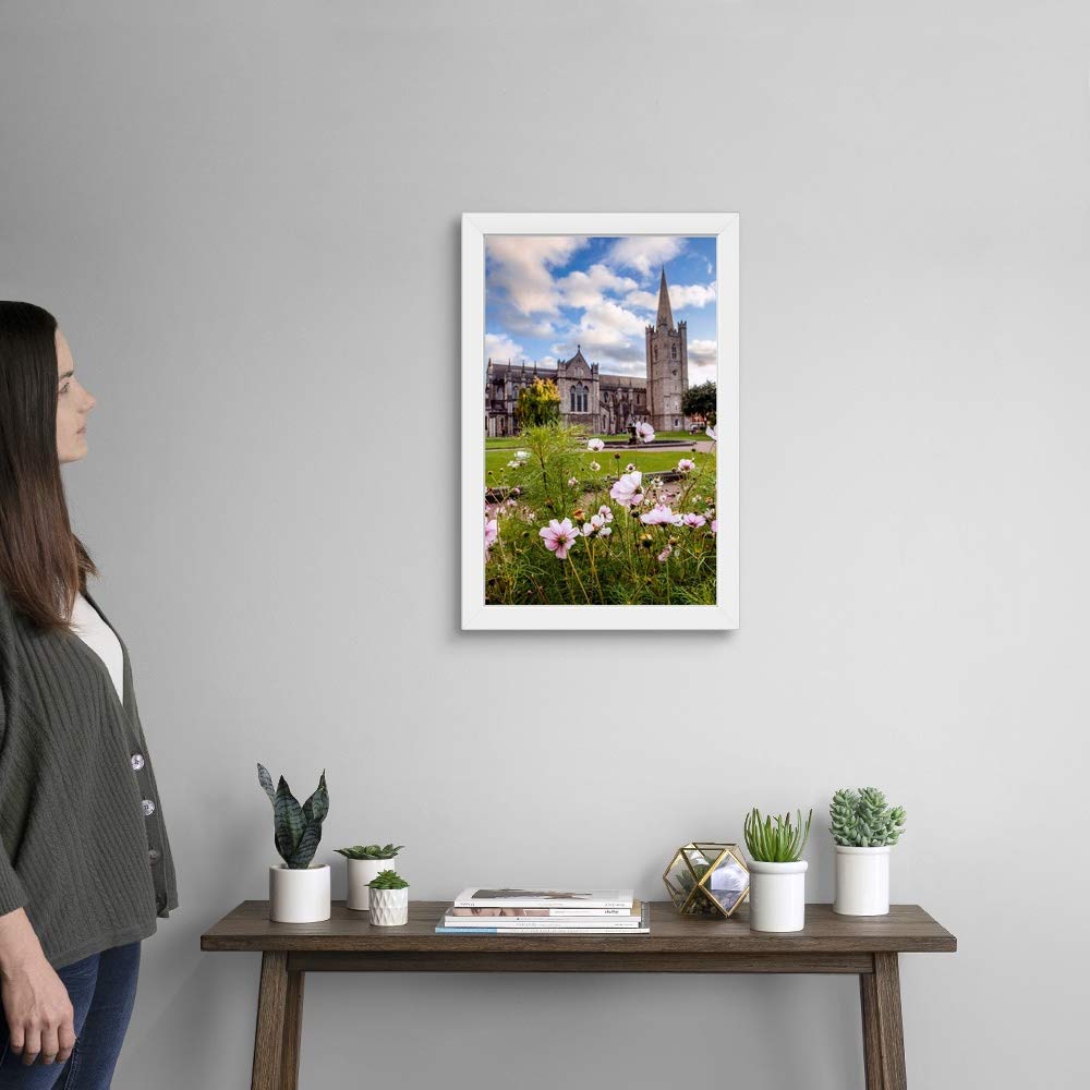 St. Patrick's Cathedral and Flowers - White Framed Art Print - European Wall Decor for Home, Office & Church Interiors