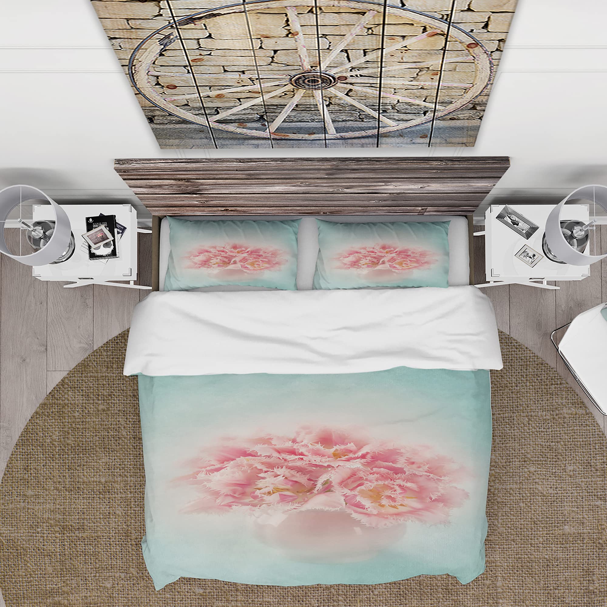 Pink Tulips in Vase Nautical Coastal Duvet Cover Set King Size - 3 Piece Floral Bedding Collection for All Seasons | Perfect for Beach House, Coastal Decor & Master Bedroom