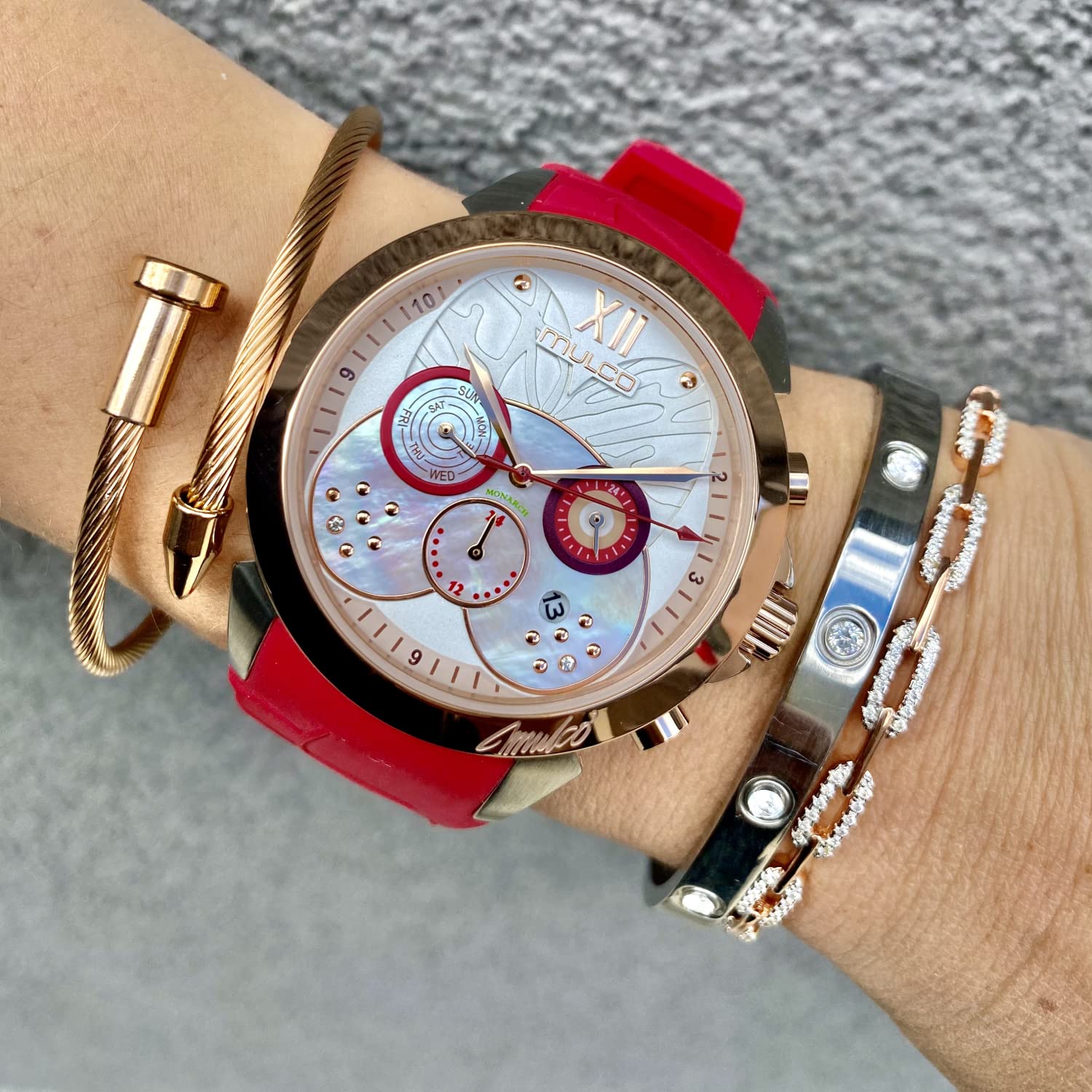 Luxury MULCO Women's Watches - Silver Stainless Steel Case with Silicone Band, Mother of Pearl Rose Gold Diamond Dial, Quartz Movement, Waterproof - Perfect for Business, Party & Everyday Wear