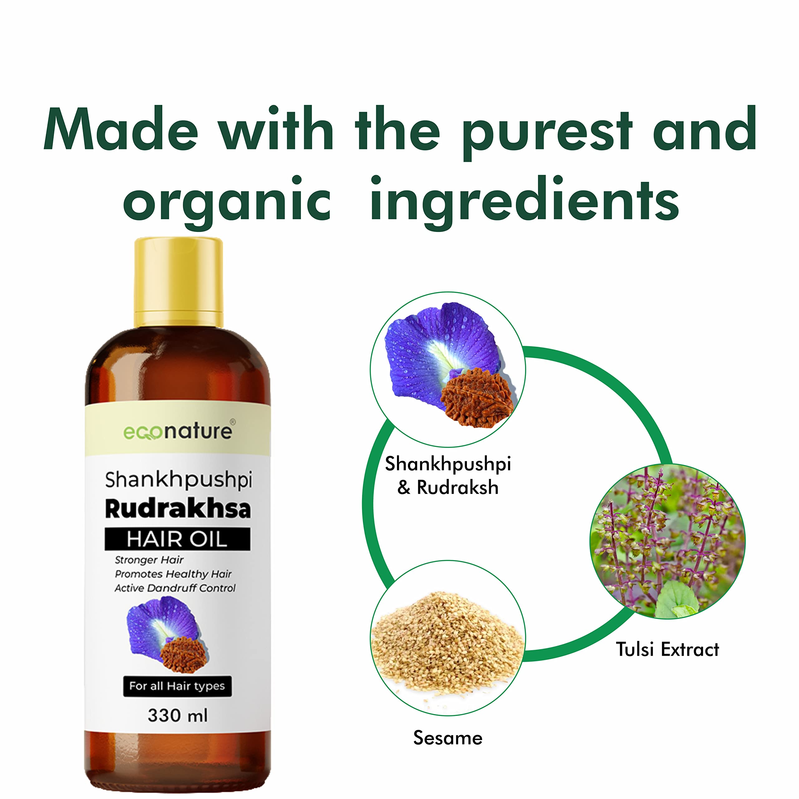 Econature Weightless Hair Oil - Revitalizing & Nourishing Treatment for Shine | Paraben & Sulfate Free Smoothing Oil with Shankhpushpi & Rudraksha | 11.16 fl oz (330ml) | Perfect for Daily Hair Care, Split Ends Repair & Frizz Control