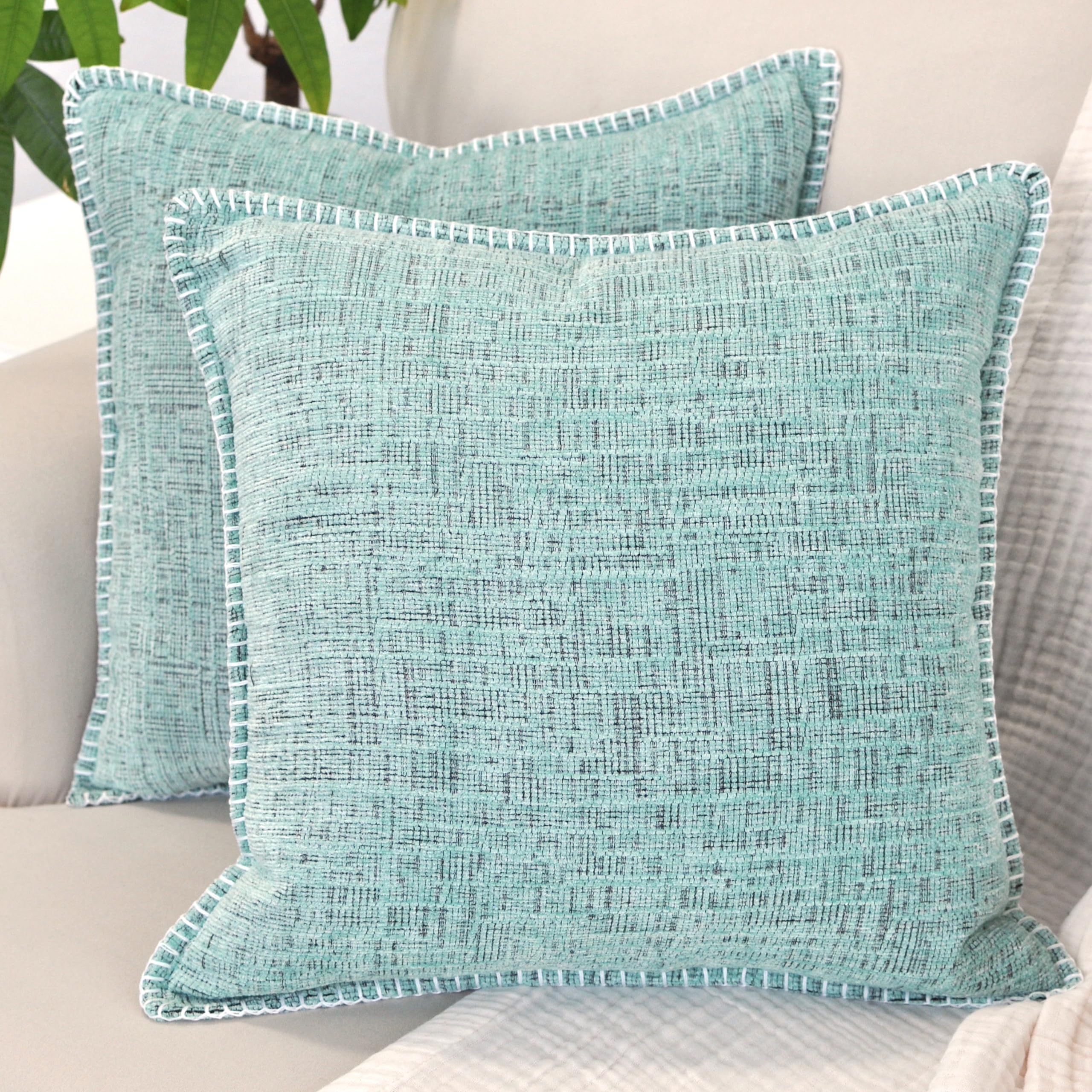 18x18 Inch Mint Green Chenille Pillow Covers Set of 2 - Soft Textured Decorative Square Cushion Covers for Sofa, Couch & Living Room Decor | Cozy Home Accessories for Modern Farmhouse, Apartment & Bedroom Styling