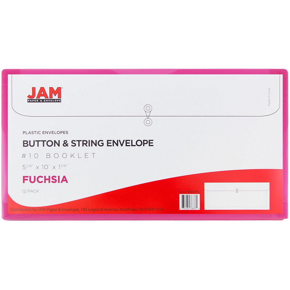 JAM PAPER #10 Plastic Envelopes with Button Closure - 5.25x10 in - 12 Pack for Business Documents