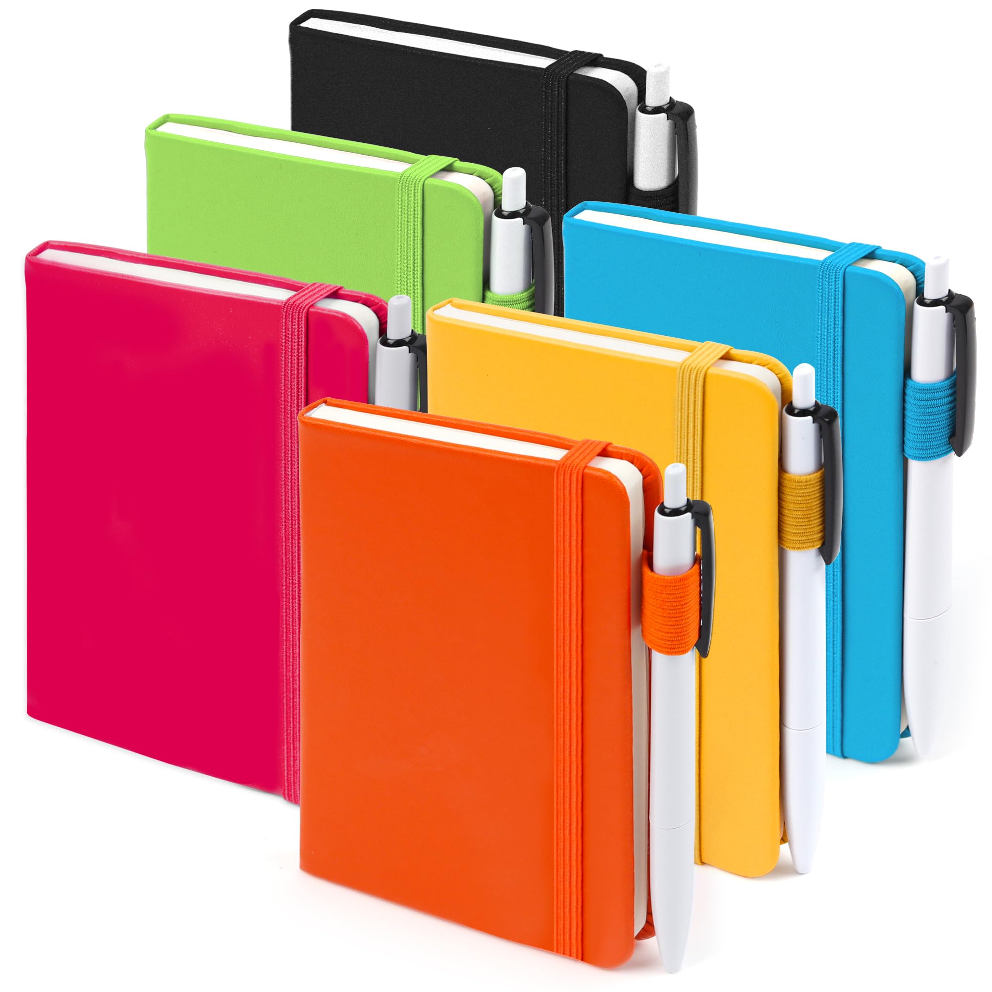 Feela Pocket Mini Notebooks Bulk - 6 Pack Small Cute Memo Notepads, Hardcover College Ruled Lined Journals with Pen Holder (3.5”x 5.5” A6 Size) - Includes 6 Black Pens - Perfect for School, Office, Business, Travel & Daily Note Taking