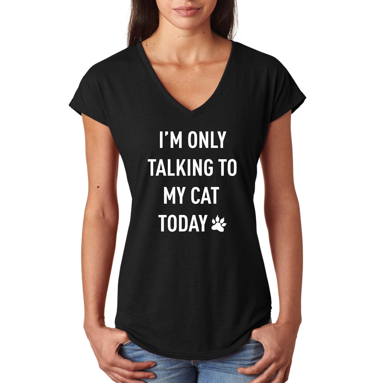 Funny 'I'm Only Talking to My Cat Today' White Triblend V-Neck T-Shirt for Women - Perfect for Cat Lovers, Casual Wear & Relaxing at Home