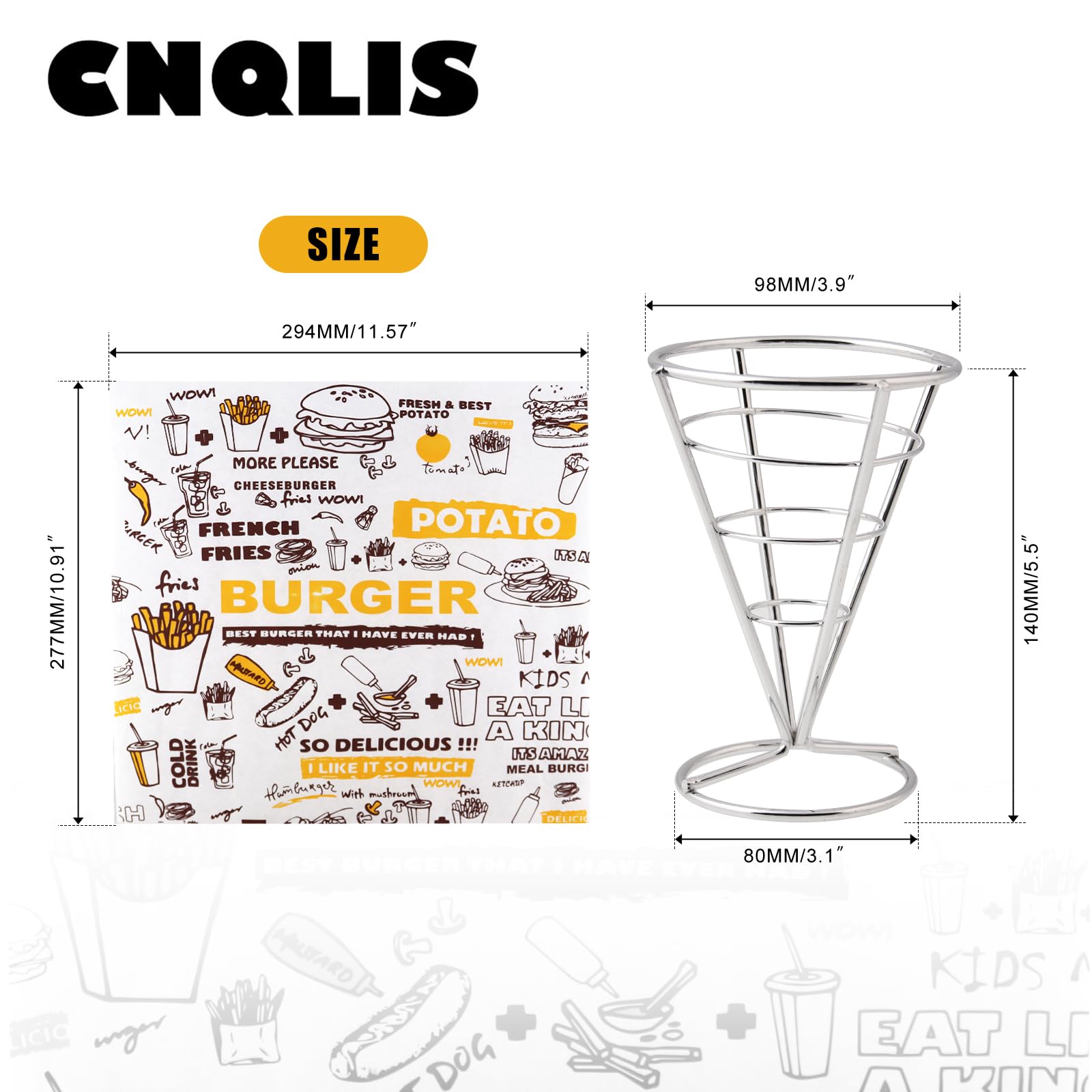 CNQLIS 4-Piece French Fry Holder Set - Stainless Steel Wire Baskets with Sauce Cups & 200 Colorful Deli Grease Papers - Perfect for Restaurants, Food Trucks, and Home Kitchen Use