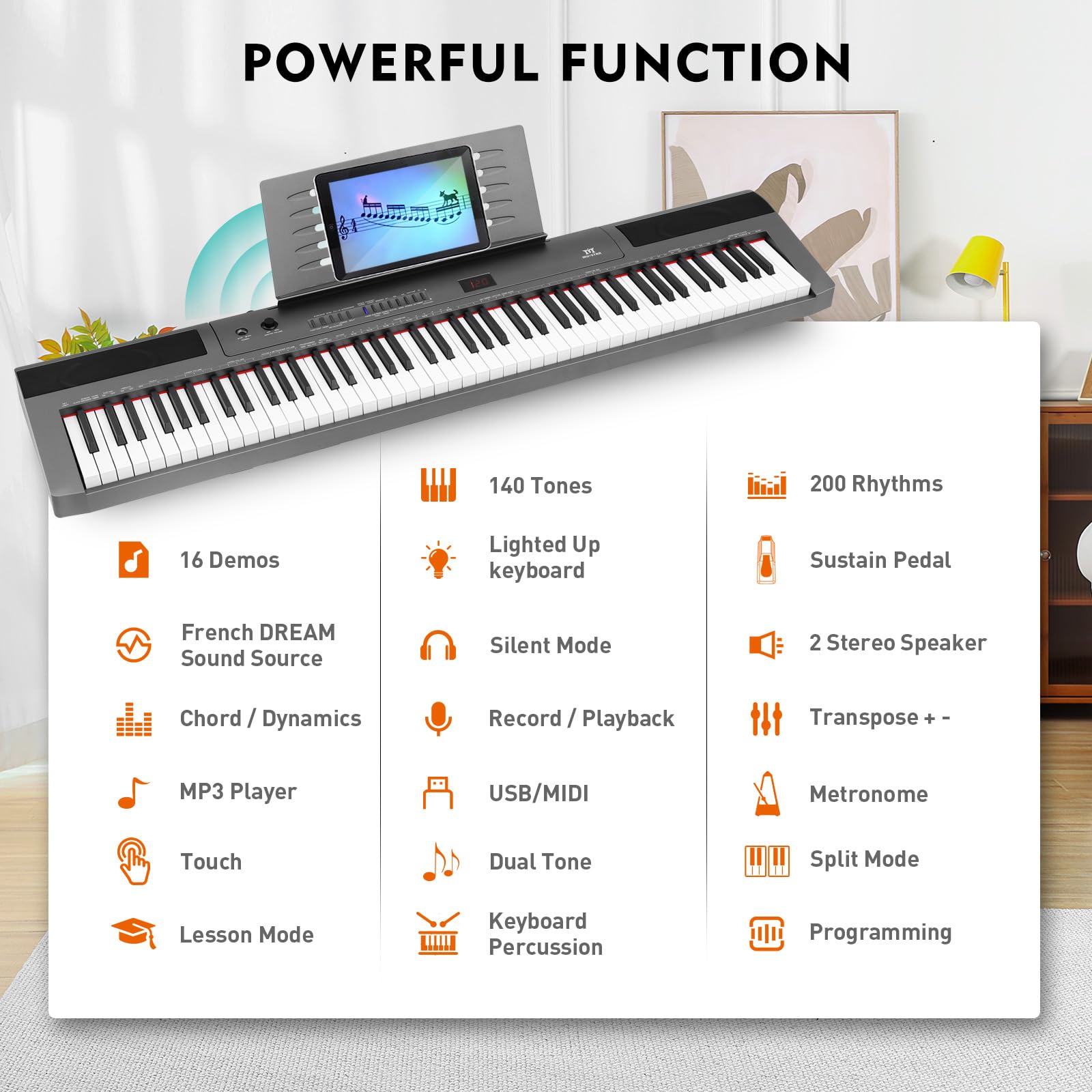 **MUSTAR 88-Key Semi-Weighted Digital Piano for Beginners – Full-Size Electric Keyboard with Stand, Built-In Speakers & Sustain Pedal (Gray-Light Up) – Perfect for Home Practice, Studio Recording & Live Performances**