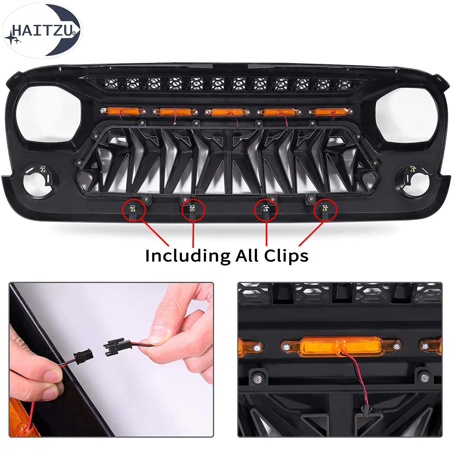 Jeep Wrangler JK Grille Guard (2007-2018) - Matte Black Shark Grille with 5 Amber LED Lights | Compatible with Unlimited, Rubicon & Sahara Models | Off-Road Protection & Style Upgrade for Adventure Enthusiasts