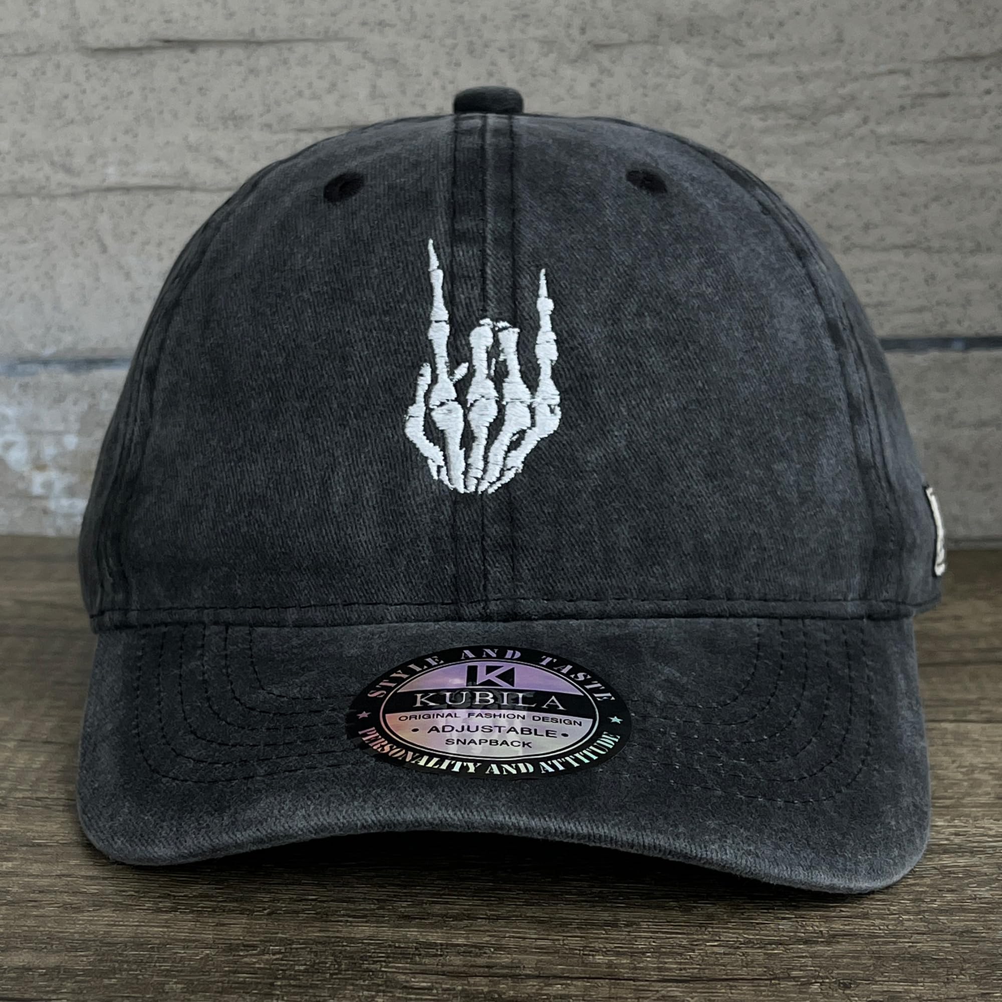 Funny Skeleton Hand Embroidered Baseball Cap - Plain Black Snapback Dad Hat for Men & Women - Perfect for Halloween, Cosplay, and Casual Streetwear