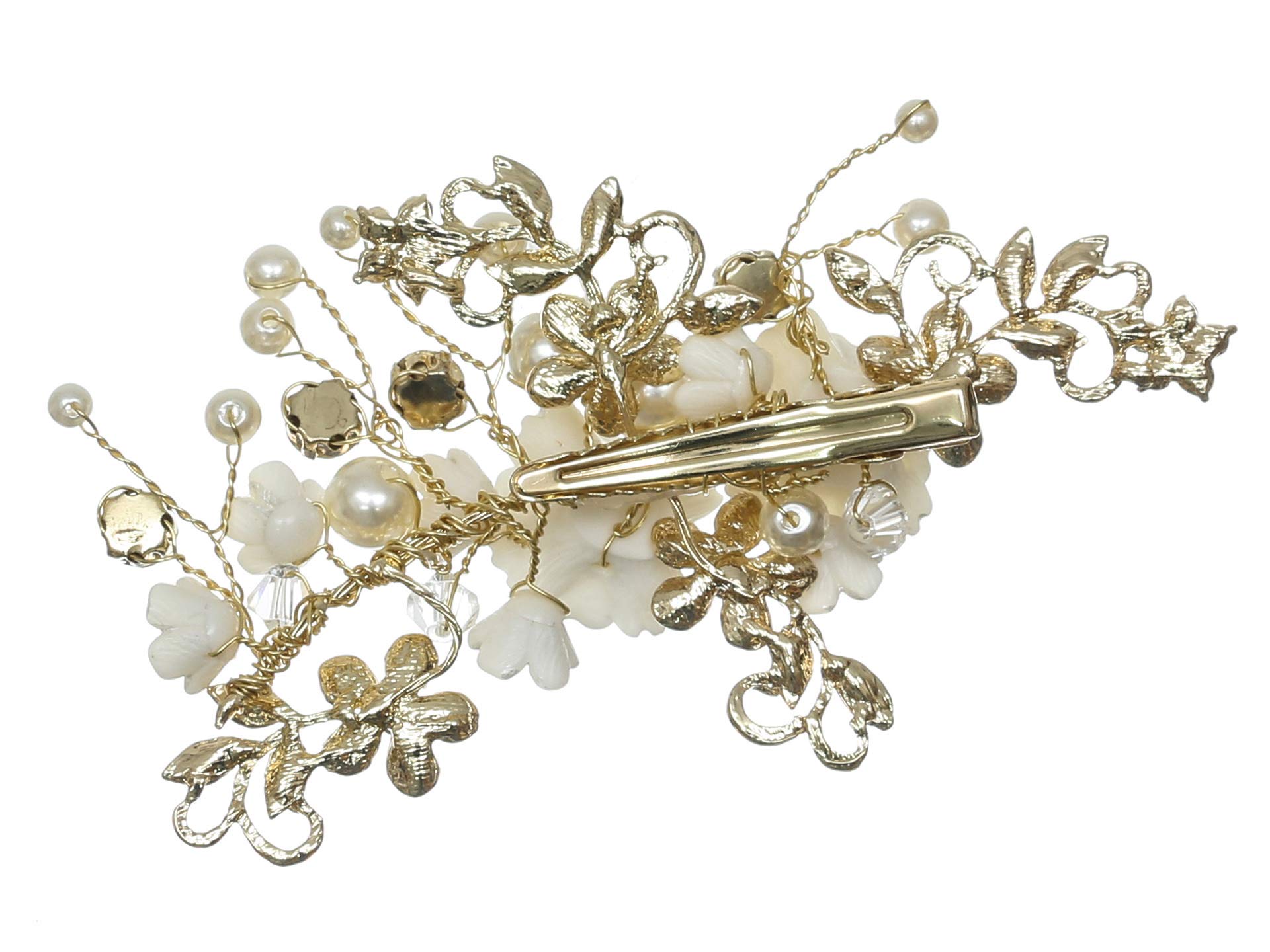 SAMKY Handmade White Pearl Crystal Flower Hair Clips for Women - Gold T1213 | Elegant Bridal Hair Accessories, Prom, Wedding & Party Hair Jewelry