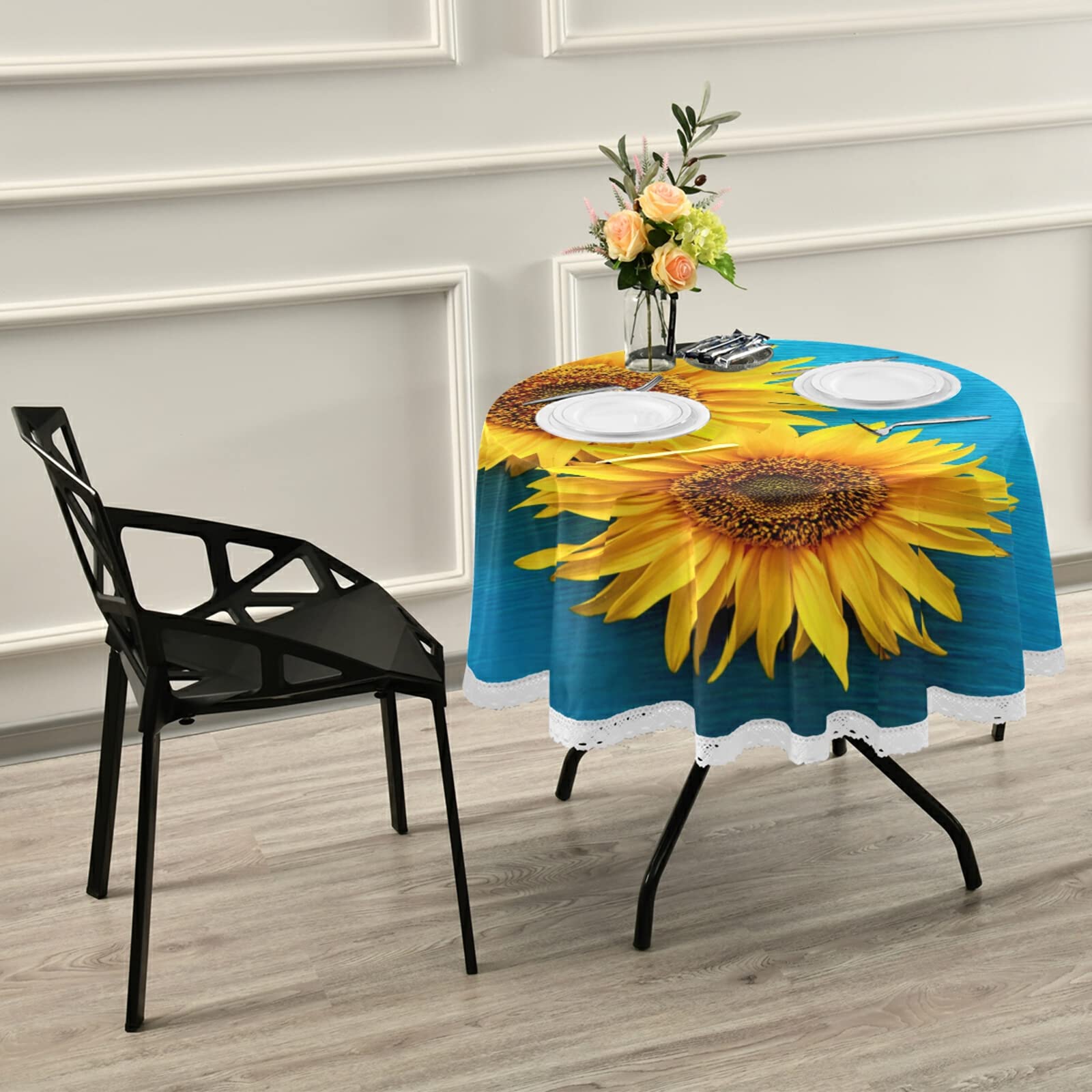 ALAZA 60 Inch Round Blue Sunflower Wooden Tablecloth - Washable Polyester Lace Table Cover for Kitchen, Dining, Party & Picnic Decor | Perfect for Round Tables, Home Decor & Outdoor Events