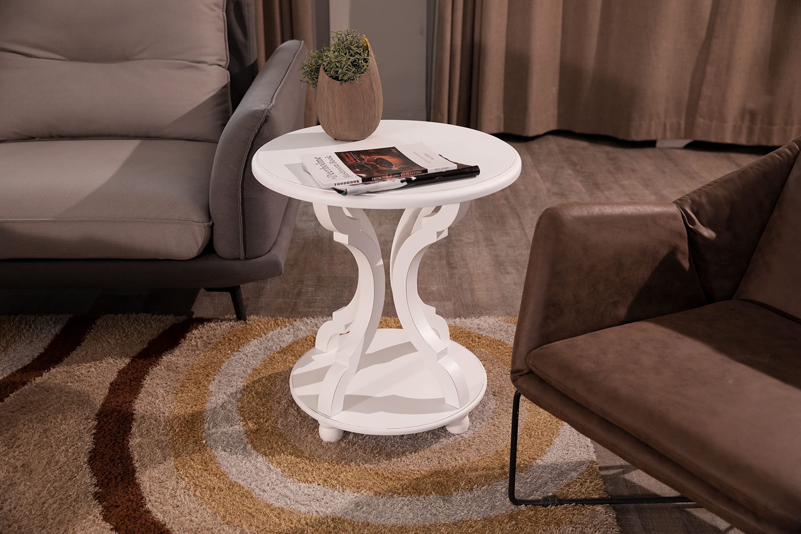 FINECASA 22x24 Inch Small Round End Table with Shelf - Distressed Cream White Accent Table with Carved Legs for Bedroom, Living Room, Dorm | Perfect as Nightstand, Side Table or Coffee Table