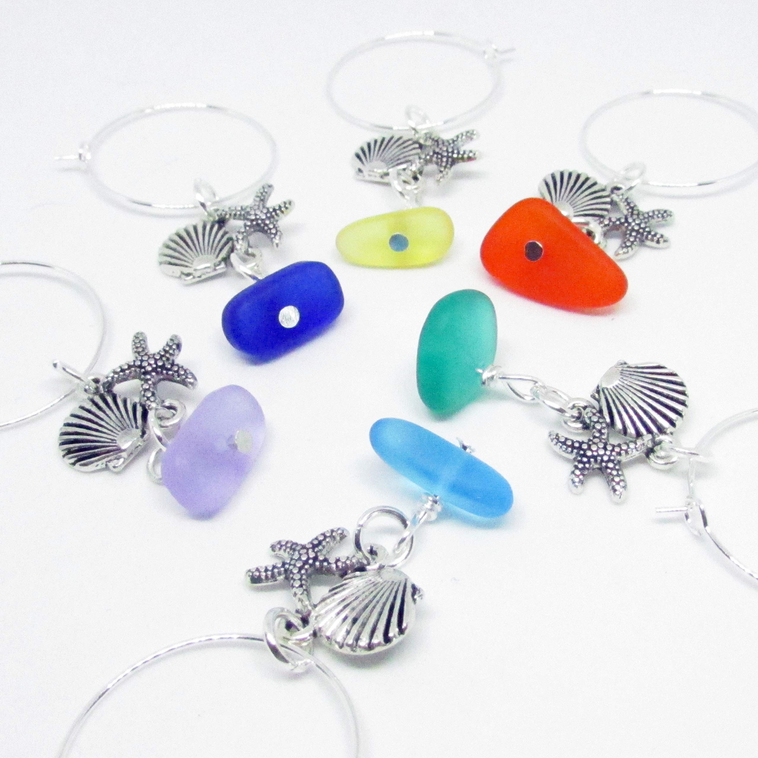 Sea Glass Wine Glass Charms Set of 6 - Starfish & Seashell Cocktail Charms for Beach Party Favors - Unique Gifts for Women - Valentine's Day, Bridal Shower & Summer Wedding Decor - Perfect for Beach Themed Parties, Girls Night Out & Coastal Home Decor