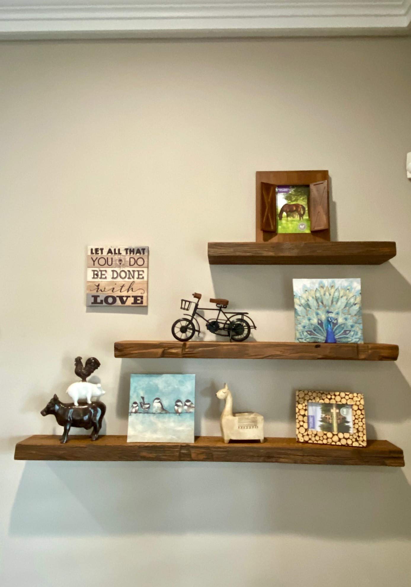 Joel's Antiques 42 Inch Floating Shelves for Wall - Natural Wood Wall Mounted Shelves with Easy Installation | Heavy Duty Rustic Bookshelves for Bathroom, Kitchen, Living Room Decor | Medium Brown 42x7x2 Inches | Perfect for Home Office, Bedroom Storage & Displaying Collectibles