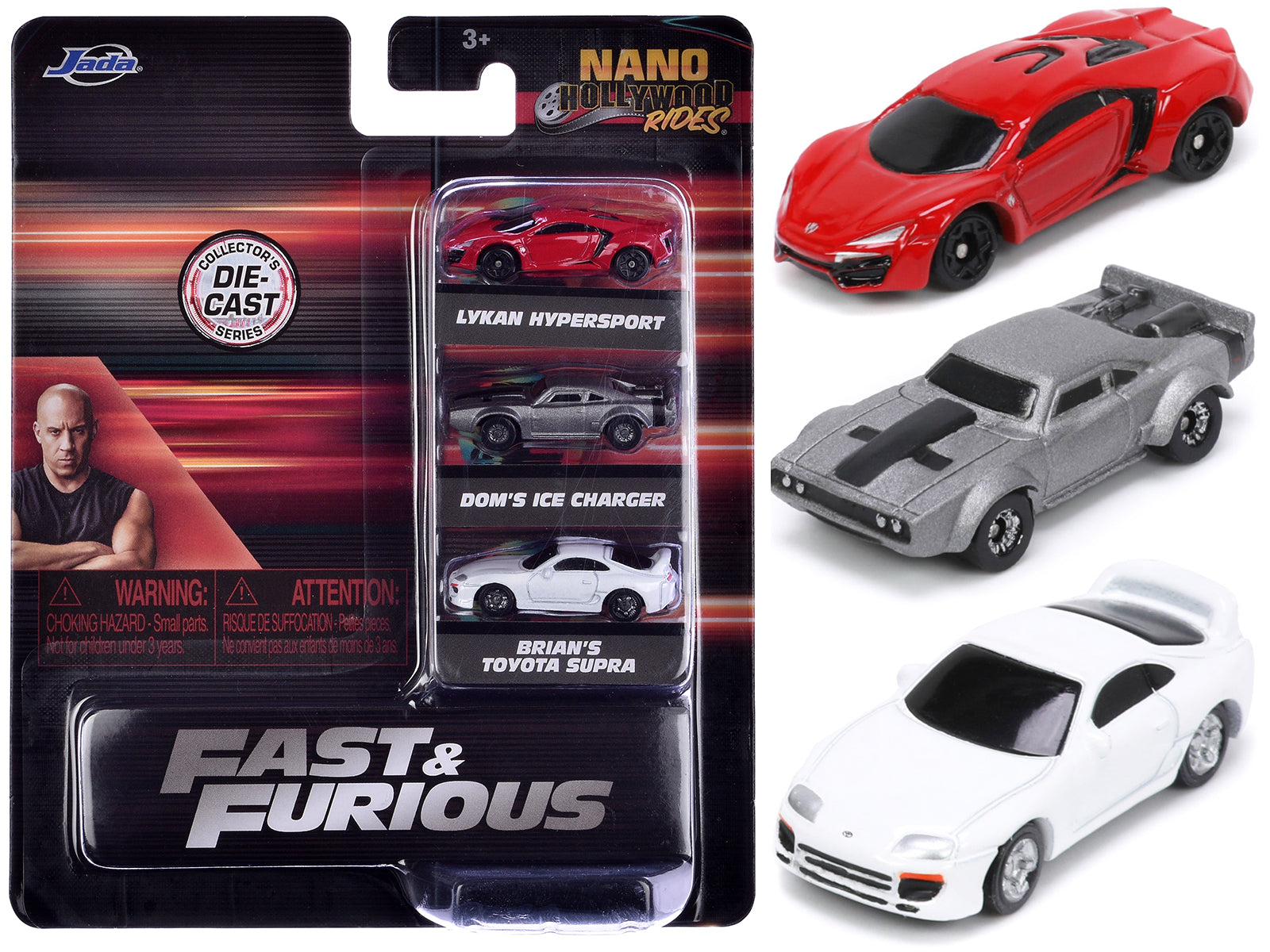 Fast & Furious 3-Piece Diecast Car Set - Hollywood Rides Series 4 Nano Models by Jada - Perfect for Movie Fans & Collectors Display