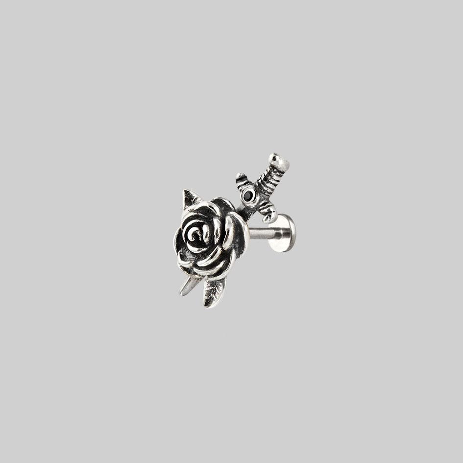 Rhapsody Dagger Through Rose Stud Earrings - Sterling Silver Gothic Jewelry for Women, Perfect for Punk Fashion, Gothic Parties & Alternative Style
