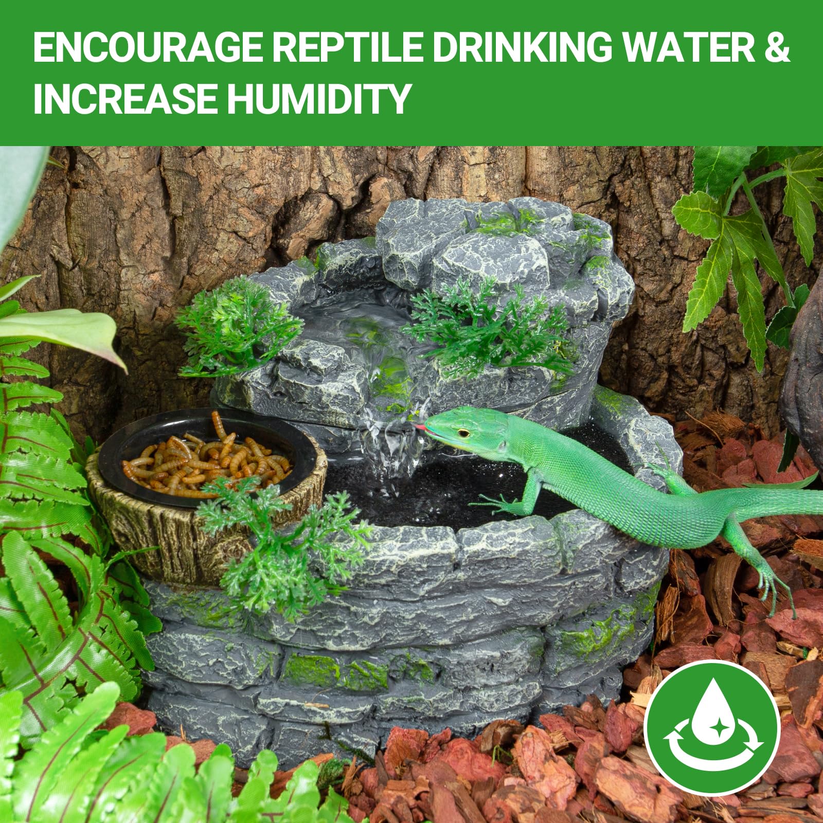 REPTI ZOO 550ML Reptile Water Fountain with Food Dish - Automatic Terrarium Waterfall Drinking Fountain for Bearded Dragons, Geckos, Chameleons, Lizards, Tree Frogs & Turtles | Keeps Water Clean & Fresh | Perfect for Reptile Habitats & Terrariums