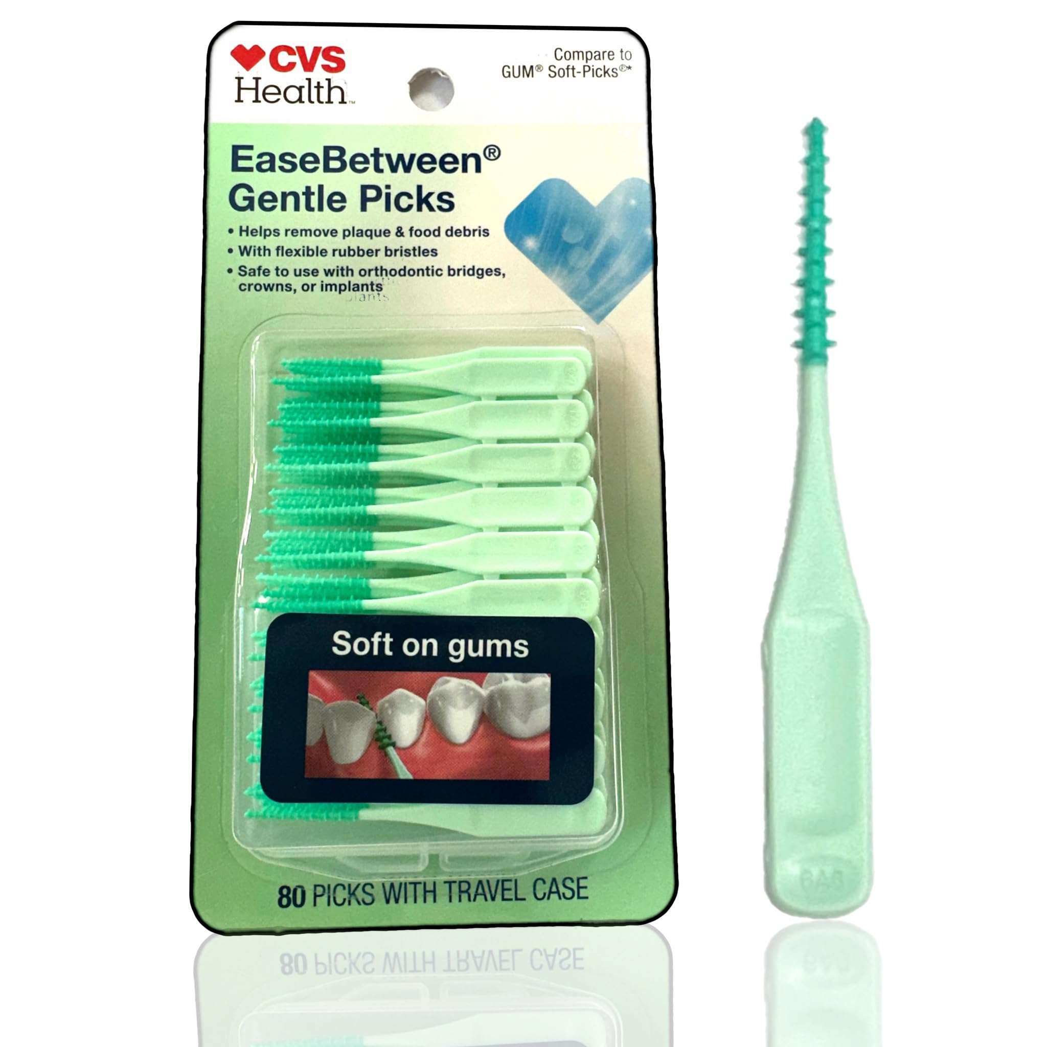 CVS Health 80-Piece Soft Bristle Dental Picks | Gentle Flexible Rubber Tips for Braces, Bridges, Crowns & Implants | Travel Case Included | Perfect for Oral Care at Home & On-The-Go