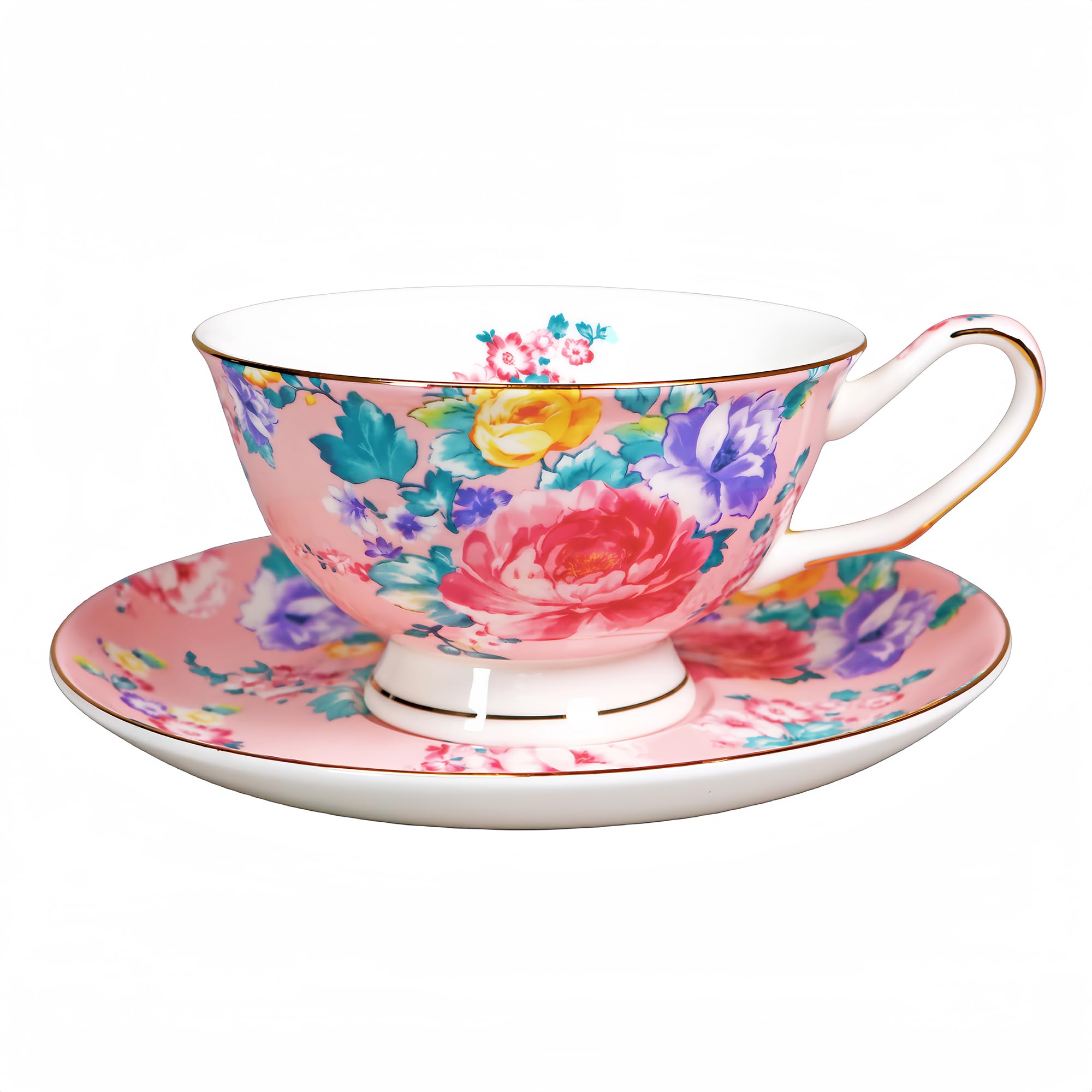 7oz Floral Bone China Tea Cup and Saucer Set - Elegant Coffee & Tea Drinking Set for Women, Perfect Gift for Mom, Friends & Tea Parties - Ideal for Afternoon Tea, Bridal Showers & Home Decor
