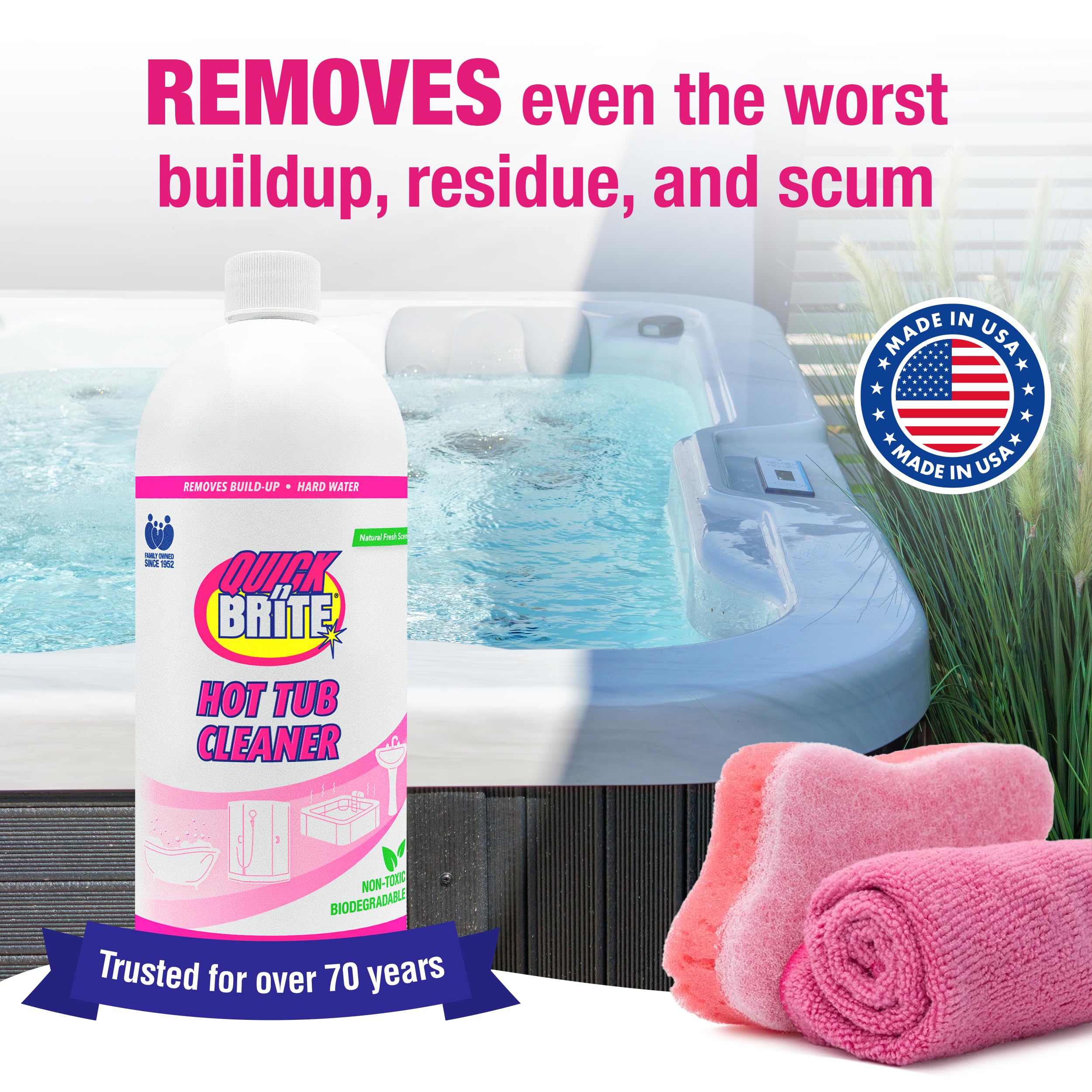 Quick N Brite Heavy Duty Hot Tub Cleaner Kit - Non-Abrasive Cleaning Gel with Sponge & Microfiber Cloth, 32 oz | Removes Stains, Scum & Buildup | Safe for All Hot Tub Surfaces | Ideal for Jacuzzis, Spas & Whirlpools (Packaging May Vary)