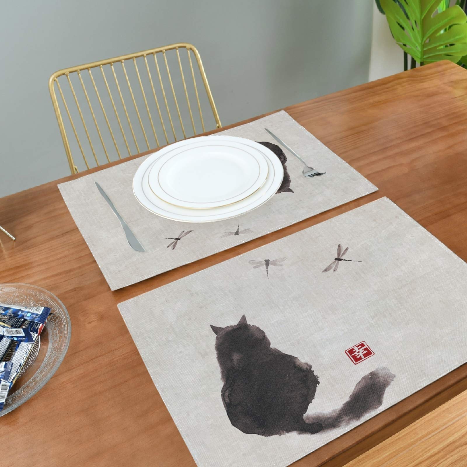 Retro Black Fluffy Cat & Dragonfly Placemats Set of 4 - Non-Slip Vinyl Table Mats 12x18 Inches for Dining Table, Kitchen Decor, Home Decoration - Perfect for Everyday Meals, Dinner Parties & Holiday Gatherings