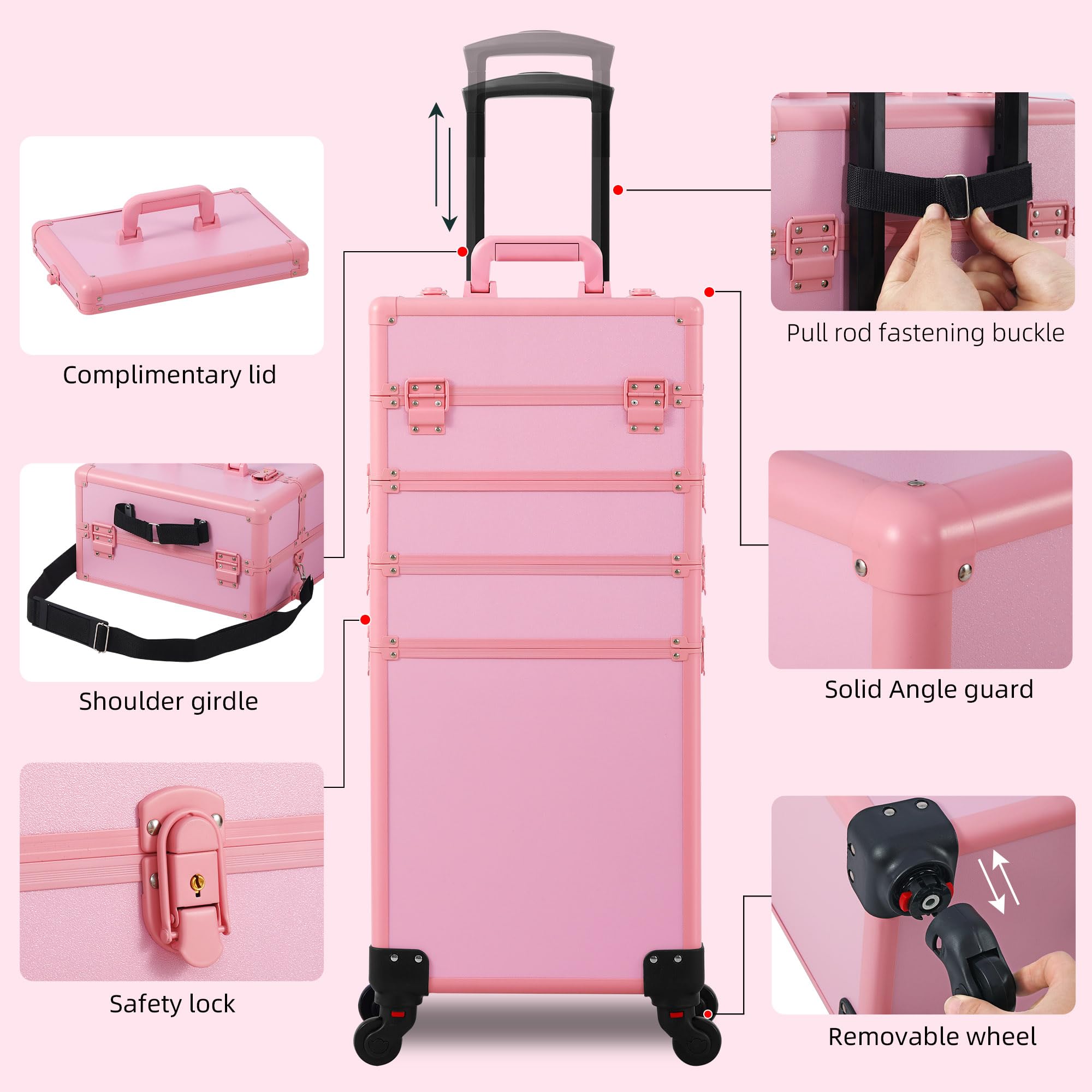 Professional Rolling Makeup Train Case with Lid - 5-in-1 Cosmetic Organizer on Wheels for Salon, Barber & Travel | Large Pink Cosmetology Case | Perfect Christmas Gift for Makeup Artists & Stylists
