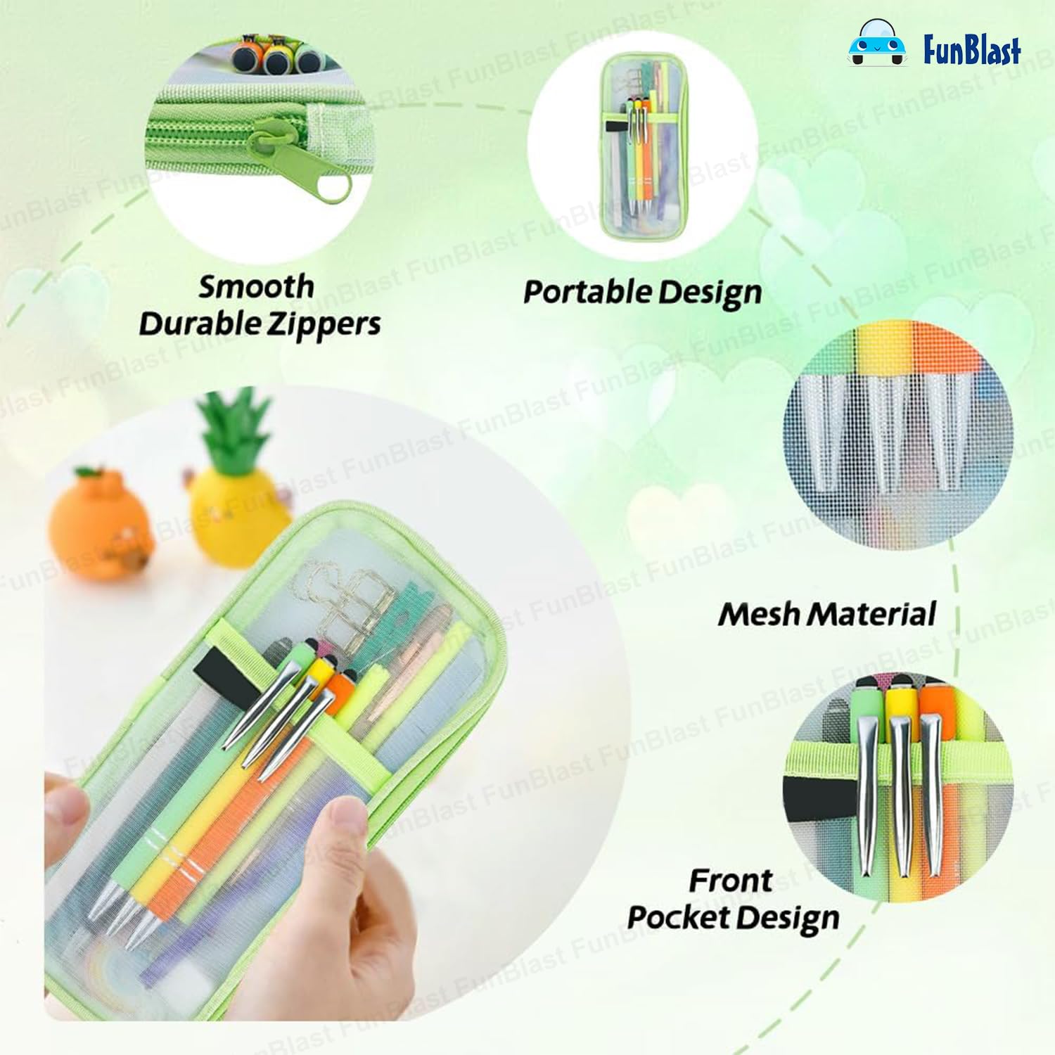FunBlast Transparent Zipper Pencil Case - Large Capacity Clear Makeup Pouch for School, Office & Travel - Stationery Organizer for Pens, Pencils & Art Supplies (Green) - Perfect for Students, Artists & Professionals