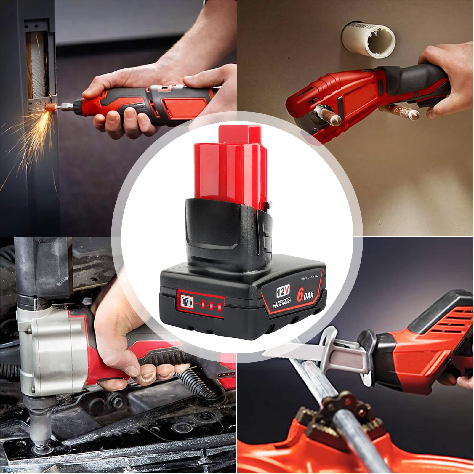 2 Pack 12V 6Ah Lithium-ion Replacement Battery for Milwaukee 12V Power Tools - Compatible with Milwaukee 48-11-0490, 48-11-2402, 48-11-2411, 48-11-2430 - LED Power Indicator - Perfect for Drills, Saws, and Other 12V Cordless Tools (Not Made by Milwaukee)