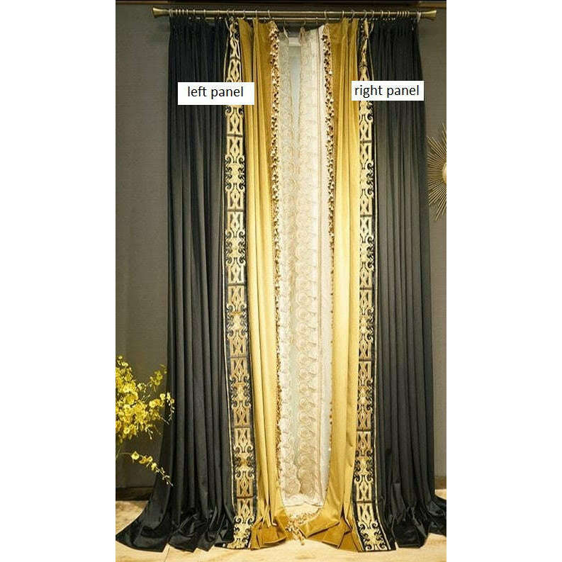 Luxury Retro Velvet Designer Curtains - Black & Yellow Drapes for Living Room, Bedroom & Home Theater - Premium Soundproof Window Treatments for Elegant Home Decor