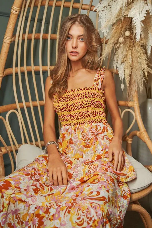 Geo Ruffle Strappy Midi Beach Dress - Floral Print Summer Sundress for Women | Perfect for Vacations, Pool Parties & Tropical Getaways