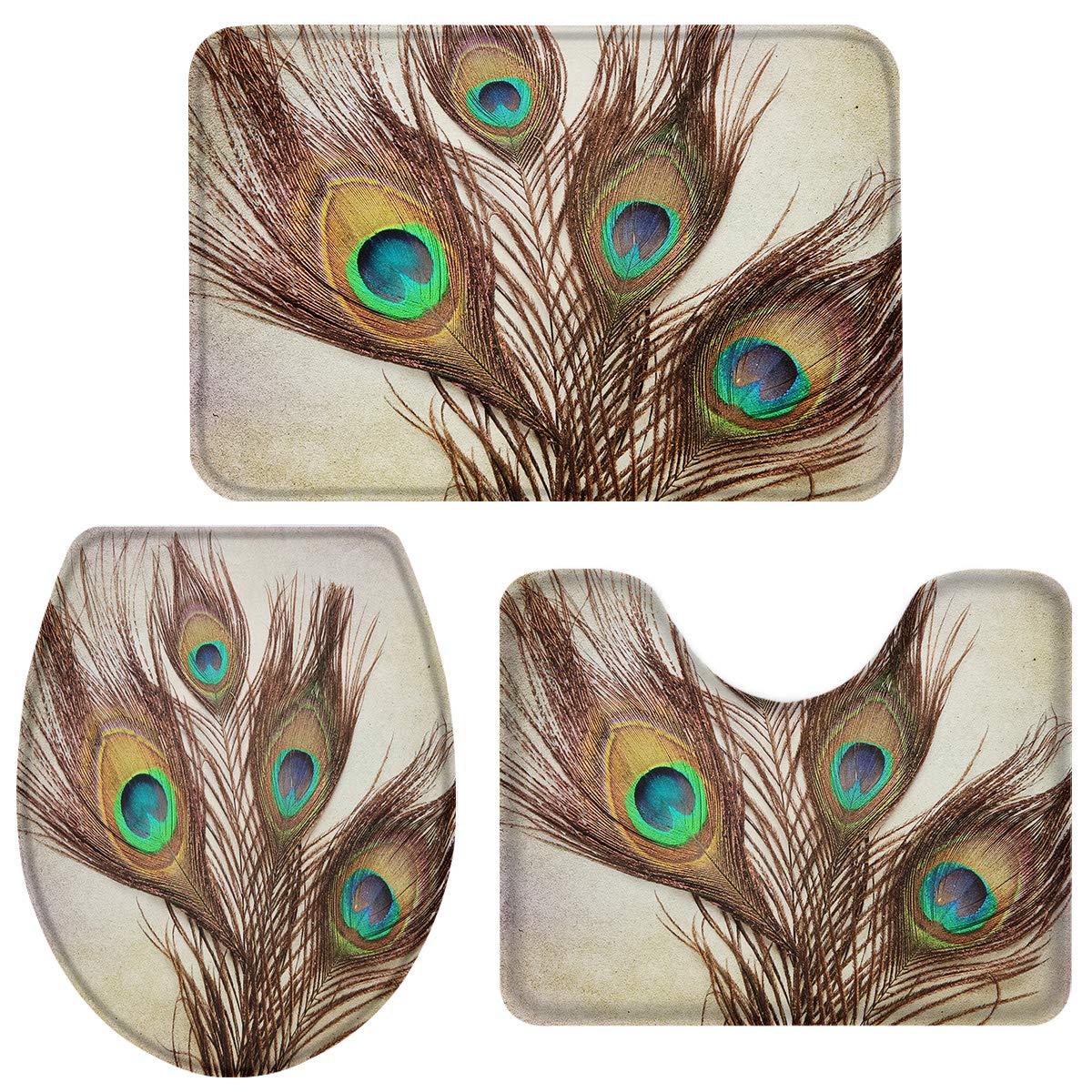 EZON-CH Non-Slip Bath Rug Set of 3 Pieces - Absorbent Bathroom Mats with 3D Peacock Feather Pattern, Soft Contour Toilet Mat (18