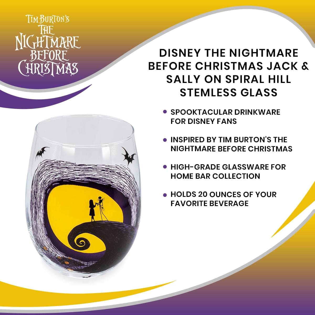 Disney The Nightmare Before Christmas Jack & Sally Spiral Hill Stemless Wine Glass - 20oz Halloween Tumbler for Mimosas, Cocktails & Home Bar Decor - Perfect for Disney Fans, Halloween Parties & Themed Home Accessories