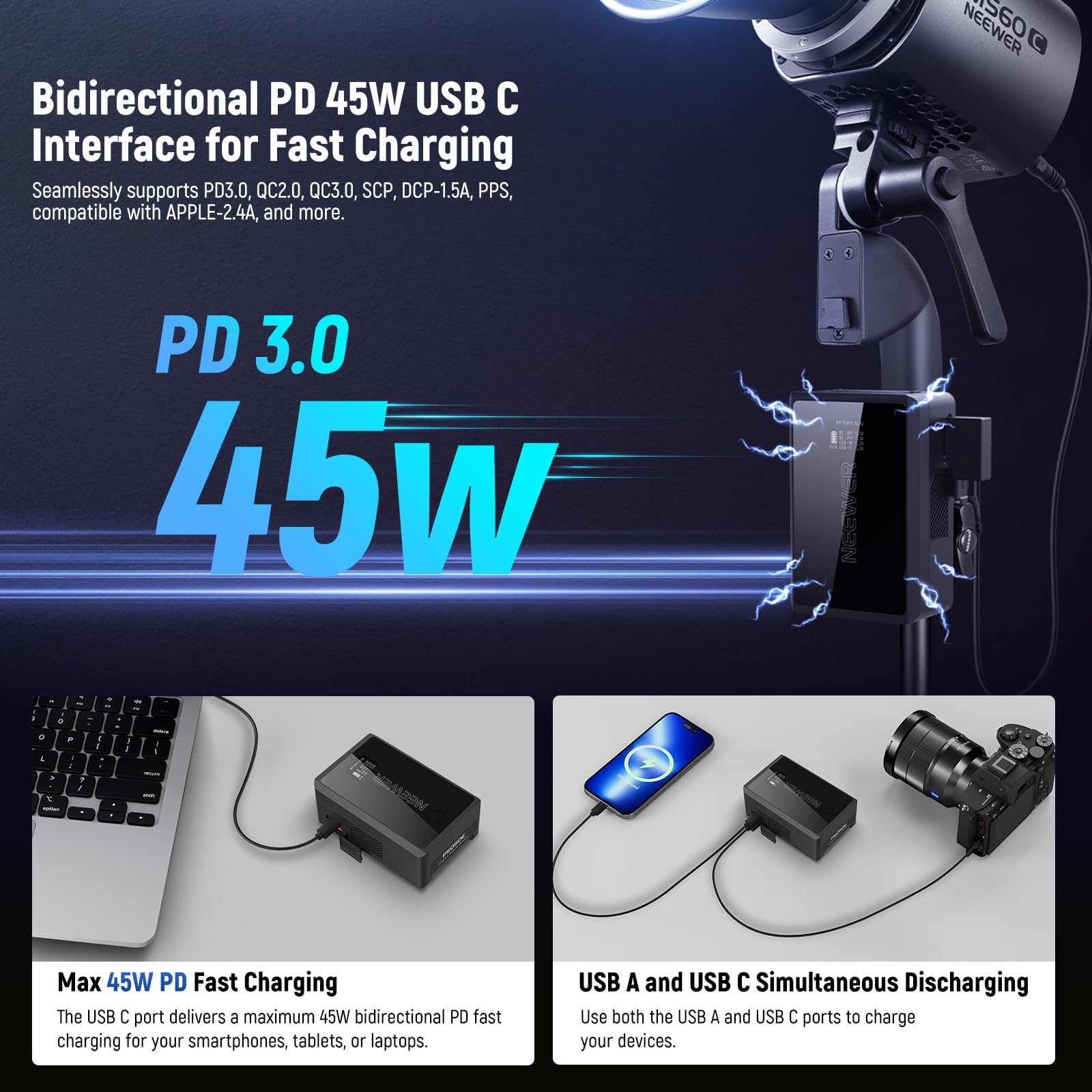 NEEWER Mini V Mount Battery 3450mAh 50Wh with D-Tap/USB-C/USB-A/BP/Dual DC Ports & OLED Screen - 14.54V V-Lock Battery for Sony/Fuji/Canon Cameras, Supports 45W PD Fast Charging - Perfect for DSLR Cameras, Monitors, Camcorders & Video Lights (Model PS050E)