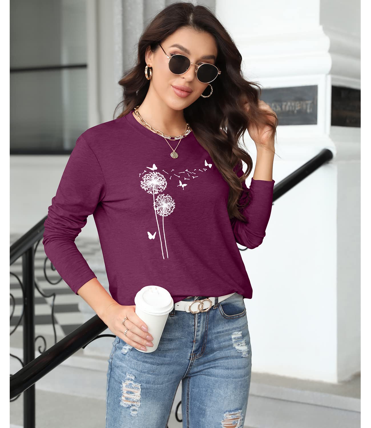 Women's Floral Graphic T-Shirt - Long Sleeve Cotton Tunic Top for Fall | Casual Outfit, Layering Essential & Autumn Fashion Staple
