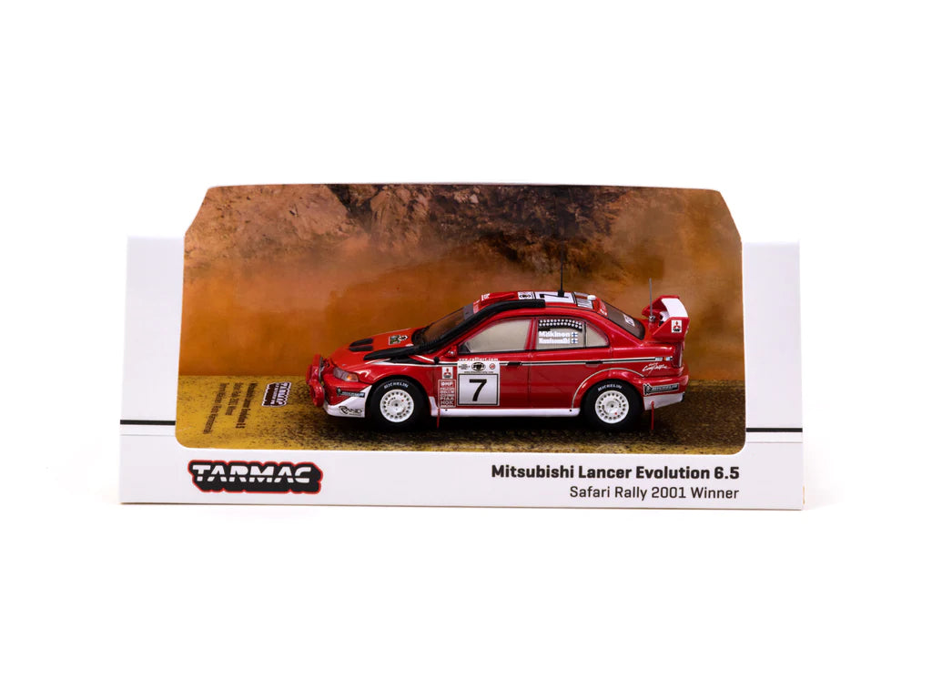 Tarmac Works 1:64 Scale Mitsubishi Lancer Evolution 6.5 Diecast Model Car - 2001 Safari Rally Winner Tommi Mäkinen & Risto Mannisenmäki - Perfect for Collectors, Display, and Racing Enthusiasts