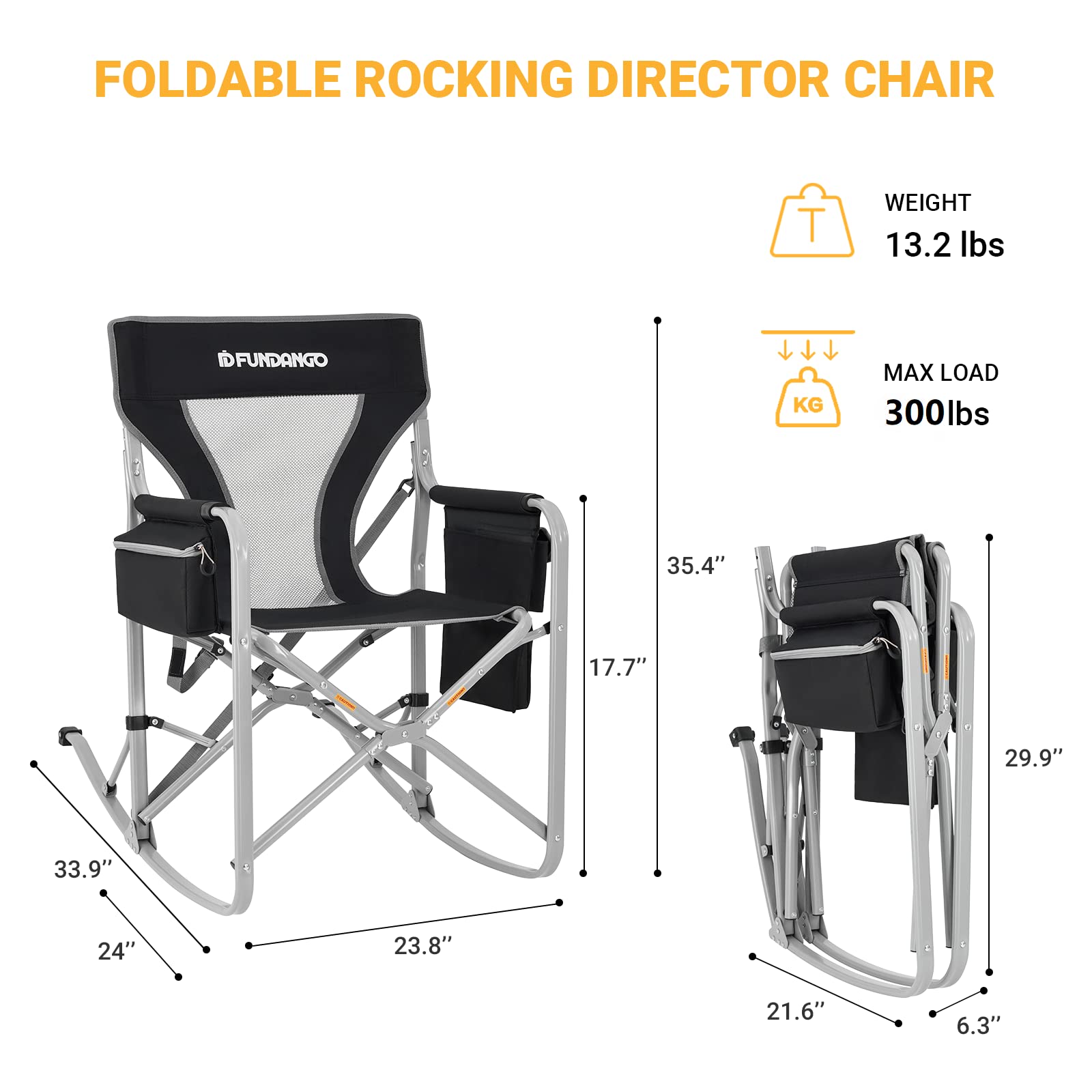 FUNDANGO Portable Folding Rocking Chair for Adults - Lightweight Outdoor Camping Chair for Beach, Travel, Picnic, Patio & Backyard Relaxation (BlackGrey) - Perfect for Camping Trips, Beach Lounging & Outdoor Gatherings