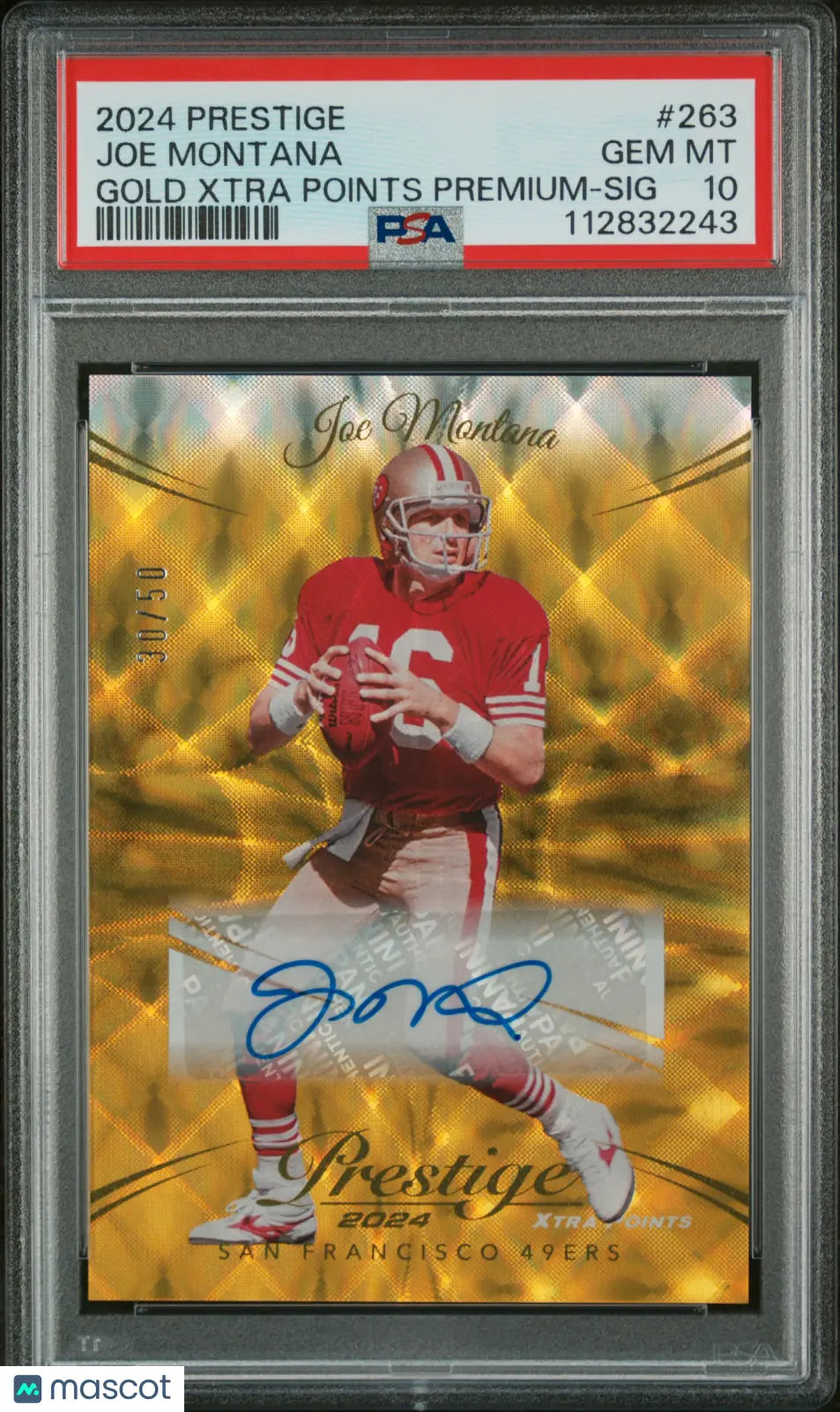2024 Panini Prestige Joe Montana Gold Xtra Points Premium Auto PSA 10/50 - Rare Football Trading Card for Collectors & Investors - Perfect for Sports Memorabilia Displays & Investment Portfolios