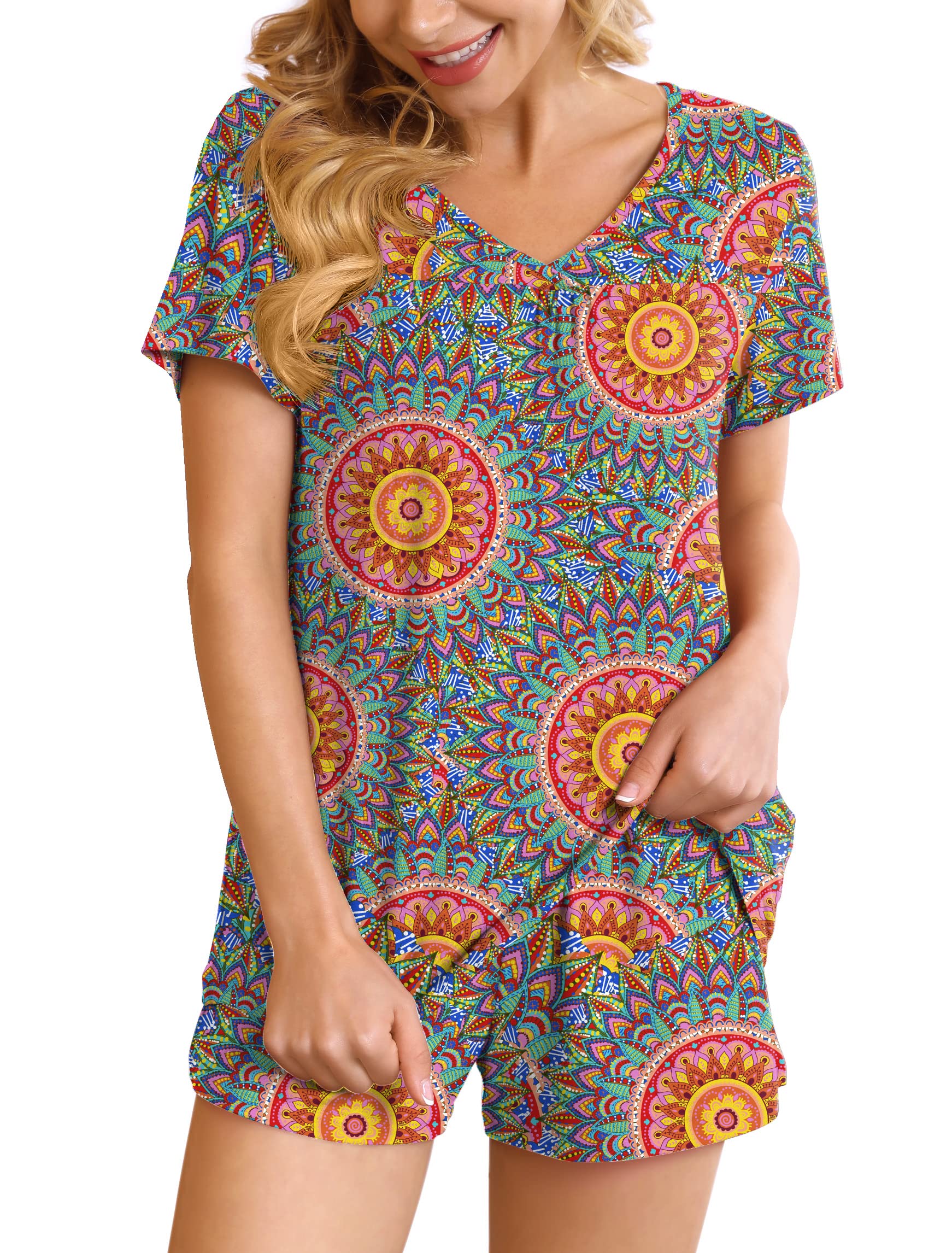 POKWAI Women's Soft Short Pajama Set - 2 Piece Sleepwear with Pockets | Comfortable Lounge & Sleep Outfit for Summer Nights, Relaxing at Home, Travel
