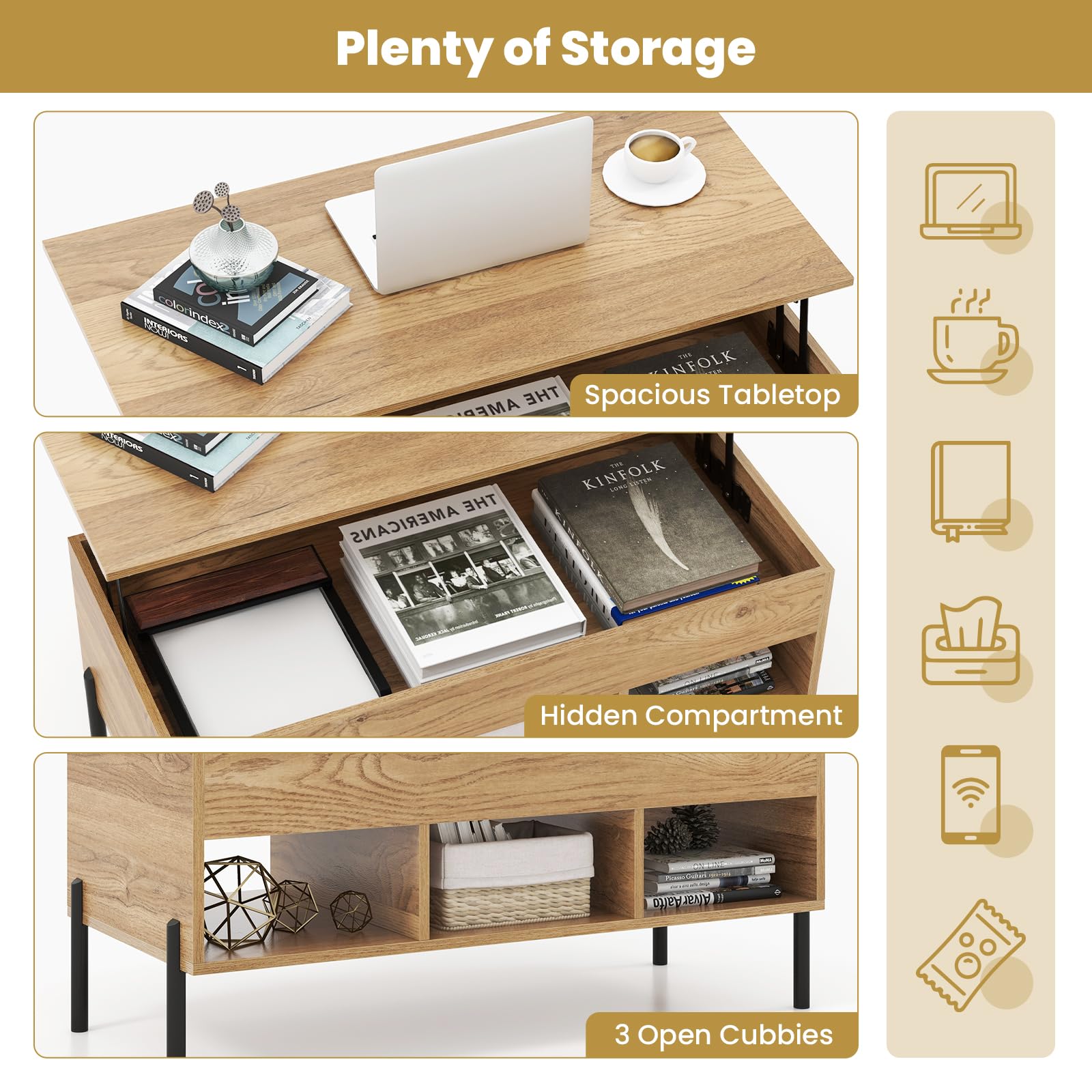 Tangkula Lift Top Coffee Table with Metal Legs - Multifunctional Wooden Dining & Working Table with Hidden Compartment & 3 Open Cubbies for Living Room, Office, Reception Area (Natural Finish) - Perfect for Entertaining, Remote Work, and Stylish Home Decor