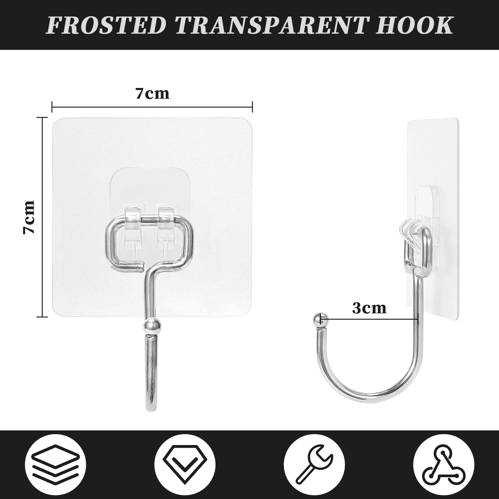 KEYIDO 10-Pack Heavy Duty Adhesive Hooks - 33 lb/15kg Max Weight, Clear Strong Stick-On Hooks for Wall, No Nails Needed - Perfect for Bathroom, Kitchen, Office & Home Organization