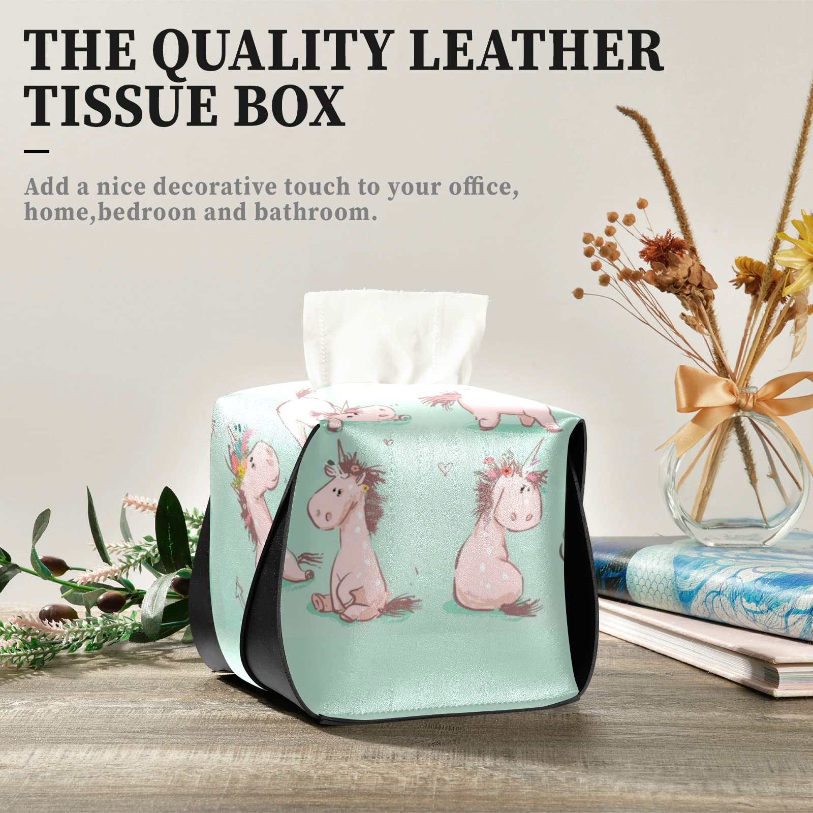Seamless Cute Cartoon Pink Unicorn Tissue Box Cover – Turquoise Square Leather with Handle for Bathroom, Home, Office & Car (9.4x5.1x3.6 in) – Perfect for Nightstands, Vanity Countertops & Desk Decor