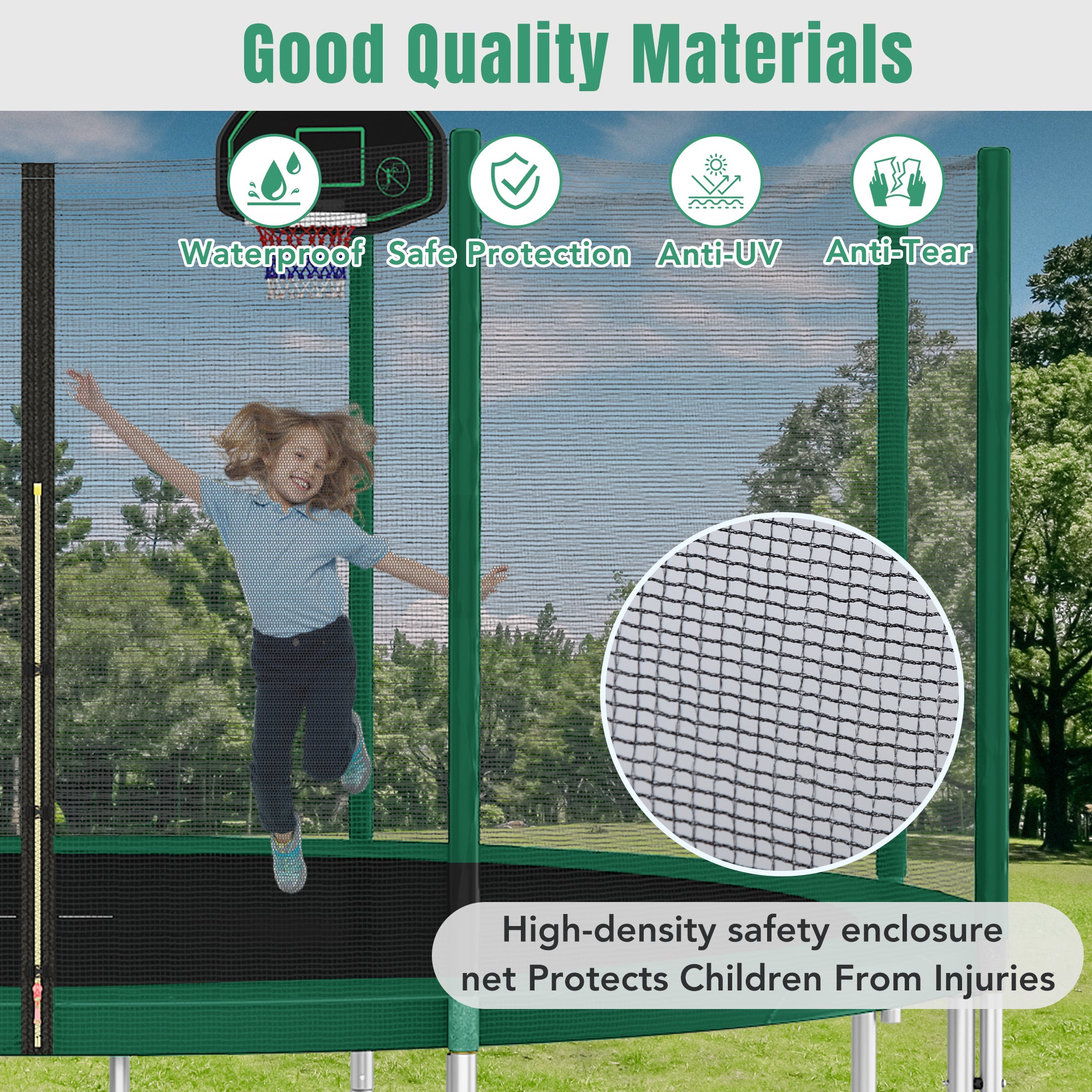 14FT Kids Trampoline with Safety Enclosure Net, Basketball Hoop & Ladder - Easy Assembly Outdoor Round Trampoline for Backyard, Garden & Playground Fun