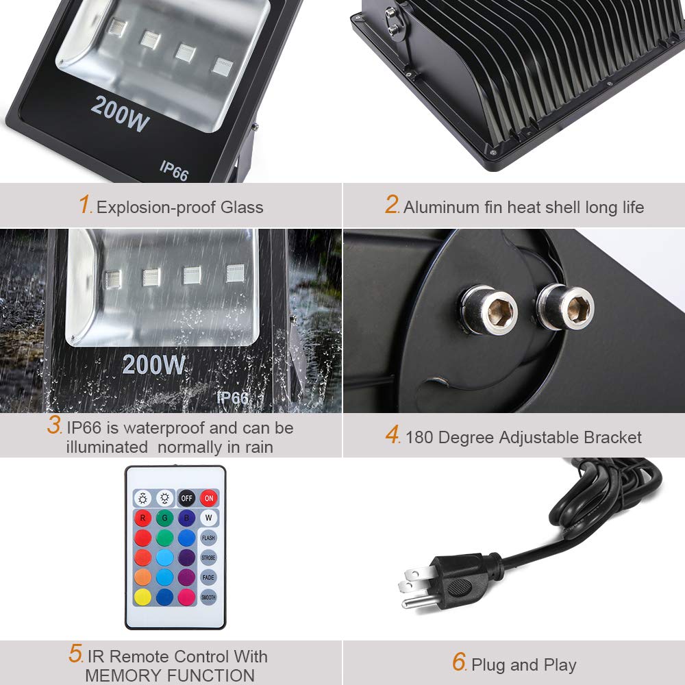 200W RGB LED Flood Lights Outdoor - Color Changing Security Light with IR Remote Control, Dimmable Wall Washer - US 3-Plug - Perfect for Garden, Landscape, Bridge, Patio & Architectural Lighting