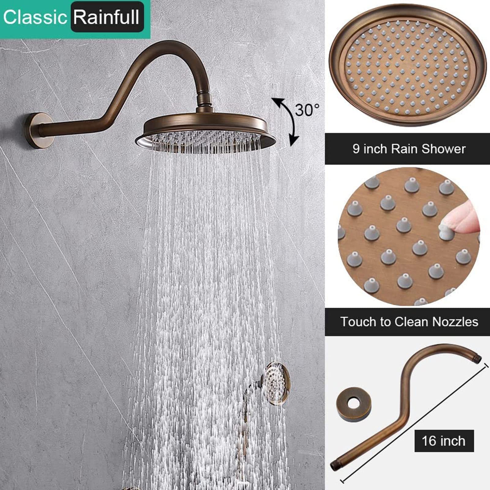 Vintage Brass Shower System - 9 Inch Rainfall Shower Head with Handheld Spray & Body Jets, Wall Mounted Bathroom Mixer Tap Set for Luxury Spa Experience at Home