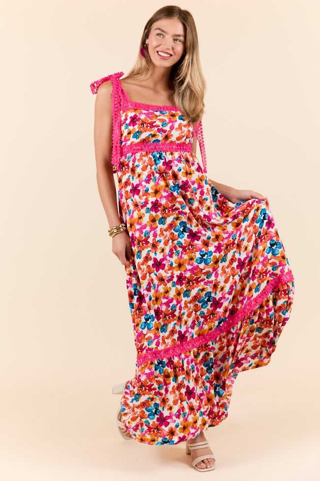 Pink Trim Floral Maxi Dress for Women - Elegant Summer Beach Wedding Party Dress - Perfect for Vacation, Date Night & Special Occasions