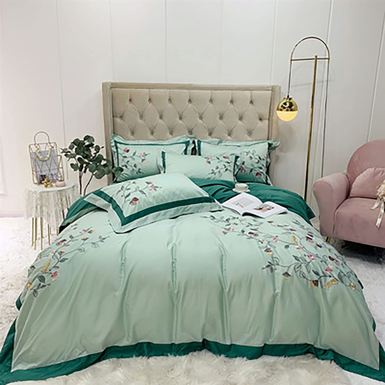 Premium 4-Piece Long Staple Cotton Bedding Set - Green & Pink Retro Floral Embroidery Design - King Size Includes 2 Pillowcases - Soft Luxury Bed Sheets for Master Bedroom, Guest Room & Dorm Decor