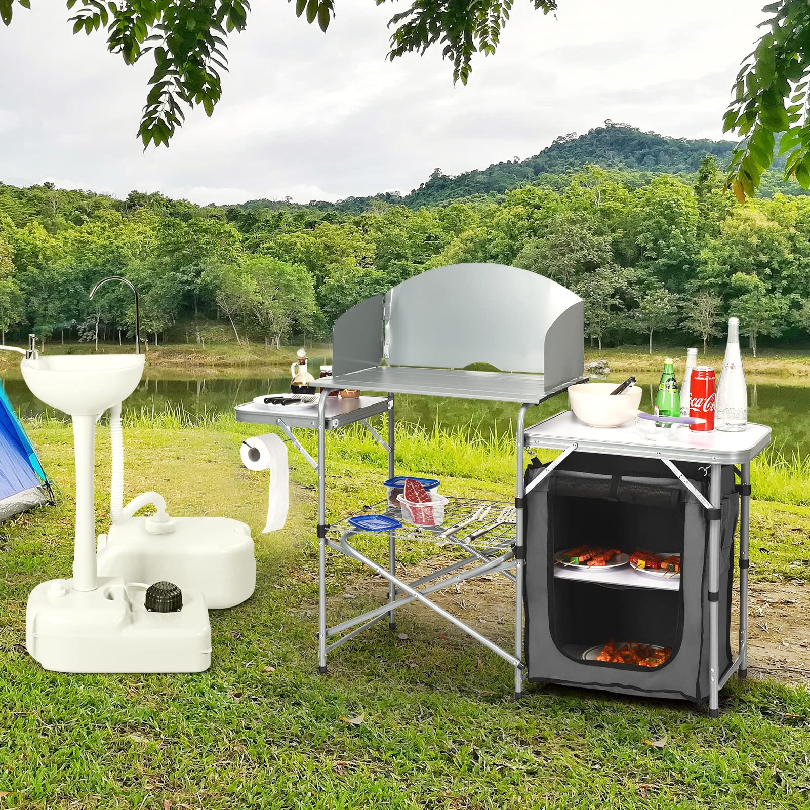 Goplus Portable Camping Kitchen Table with Storage & Detachable Windscreen - 26